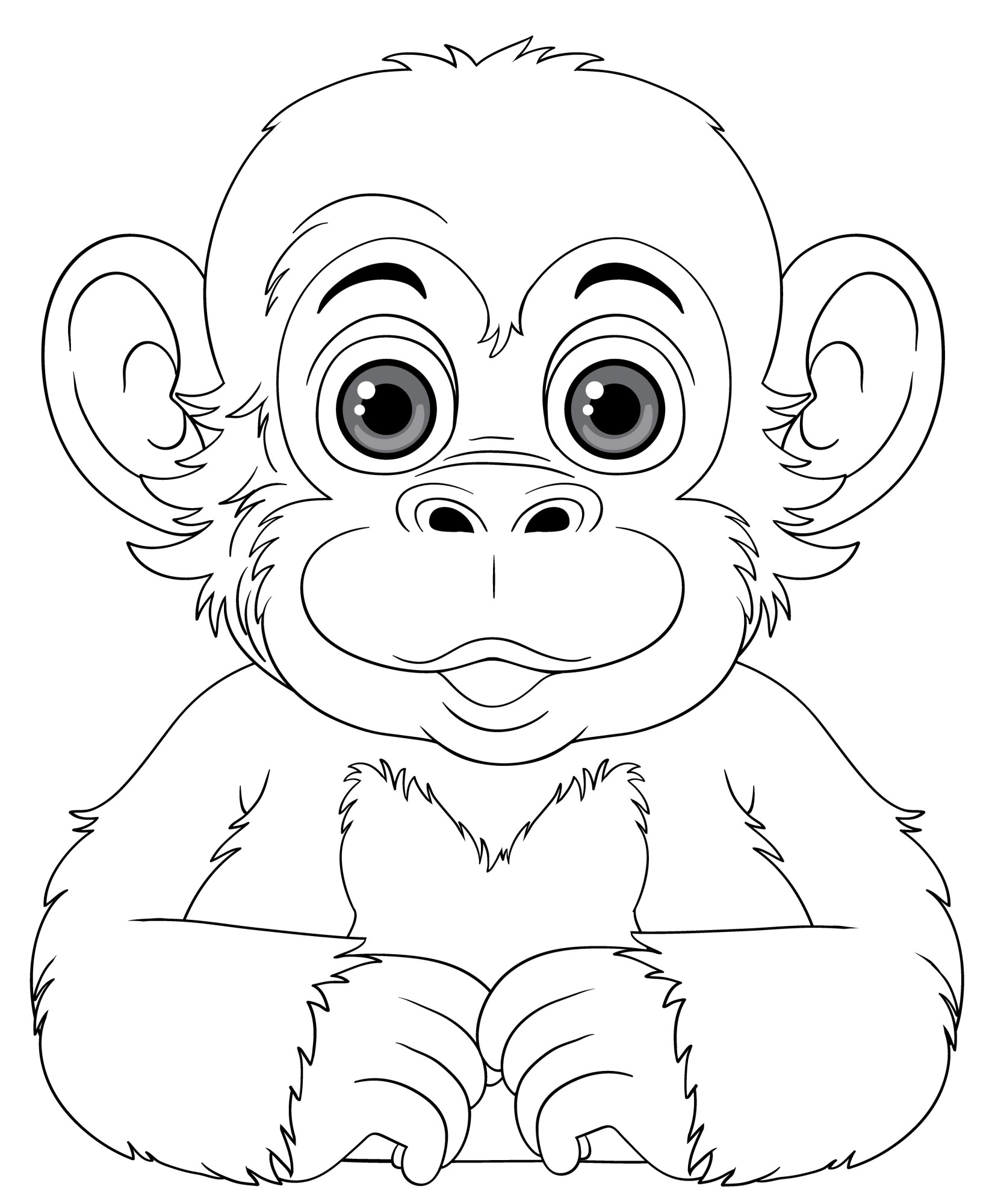 Раскраска для детей: обезьяна шимпанзе сидит за партой