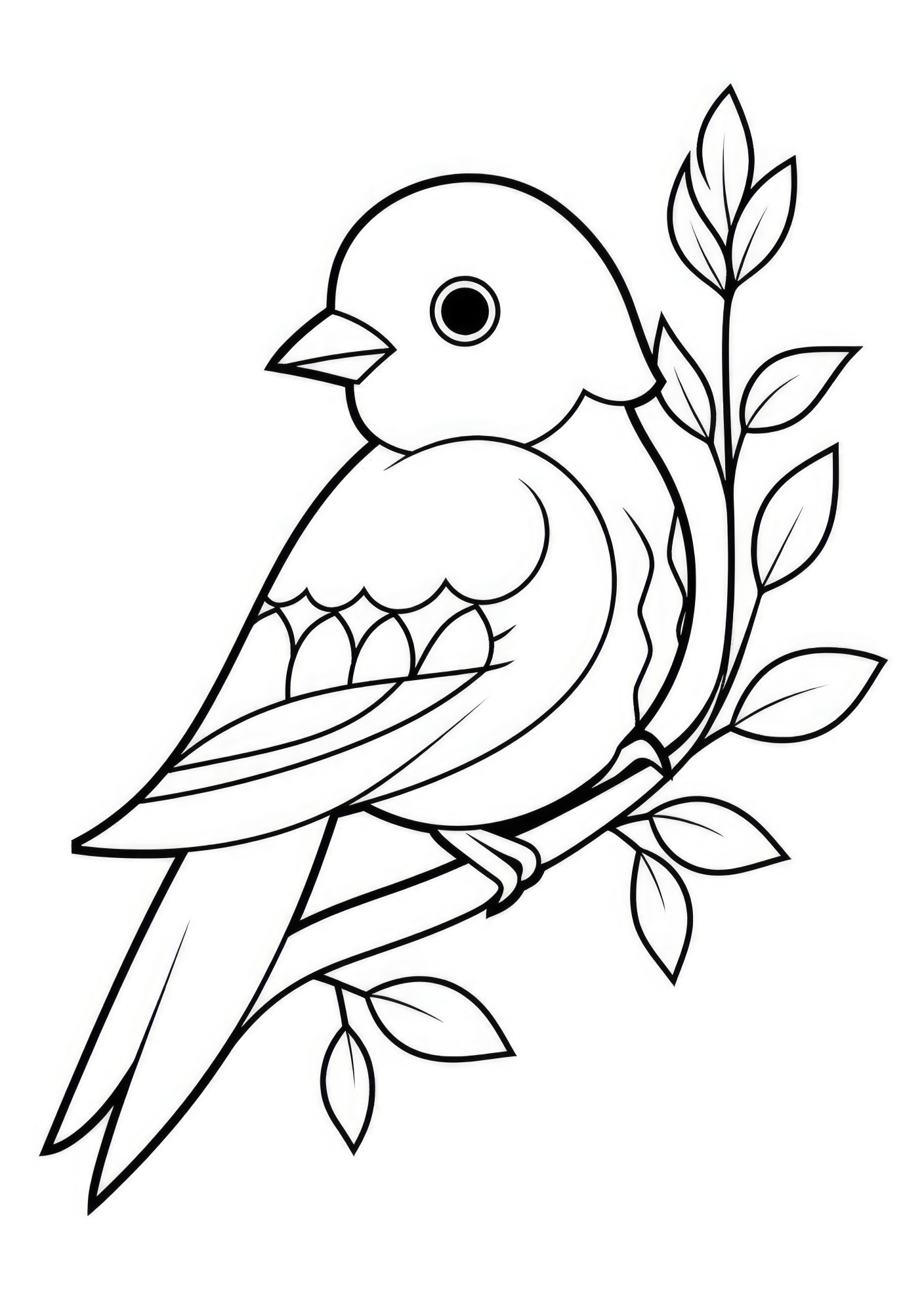 Раскраска для детей: милая птичка сидит на веточке с листьями