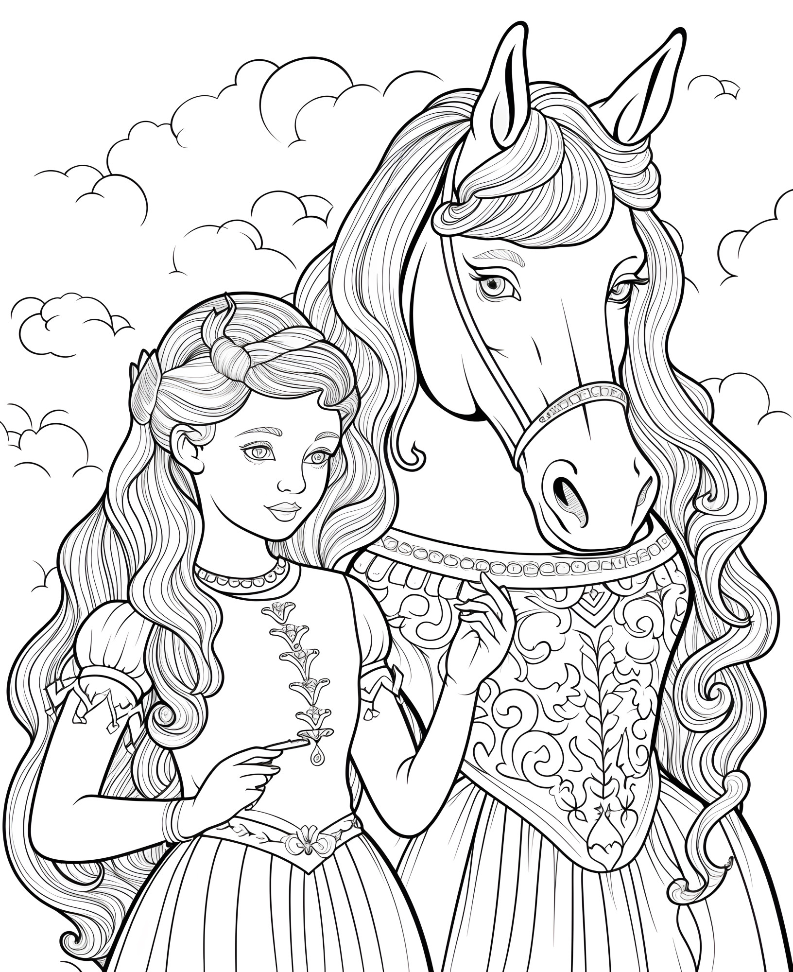 Раскраска для детей: волшебная принцесса с конем