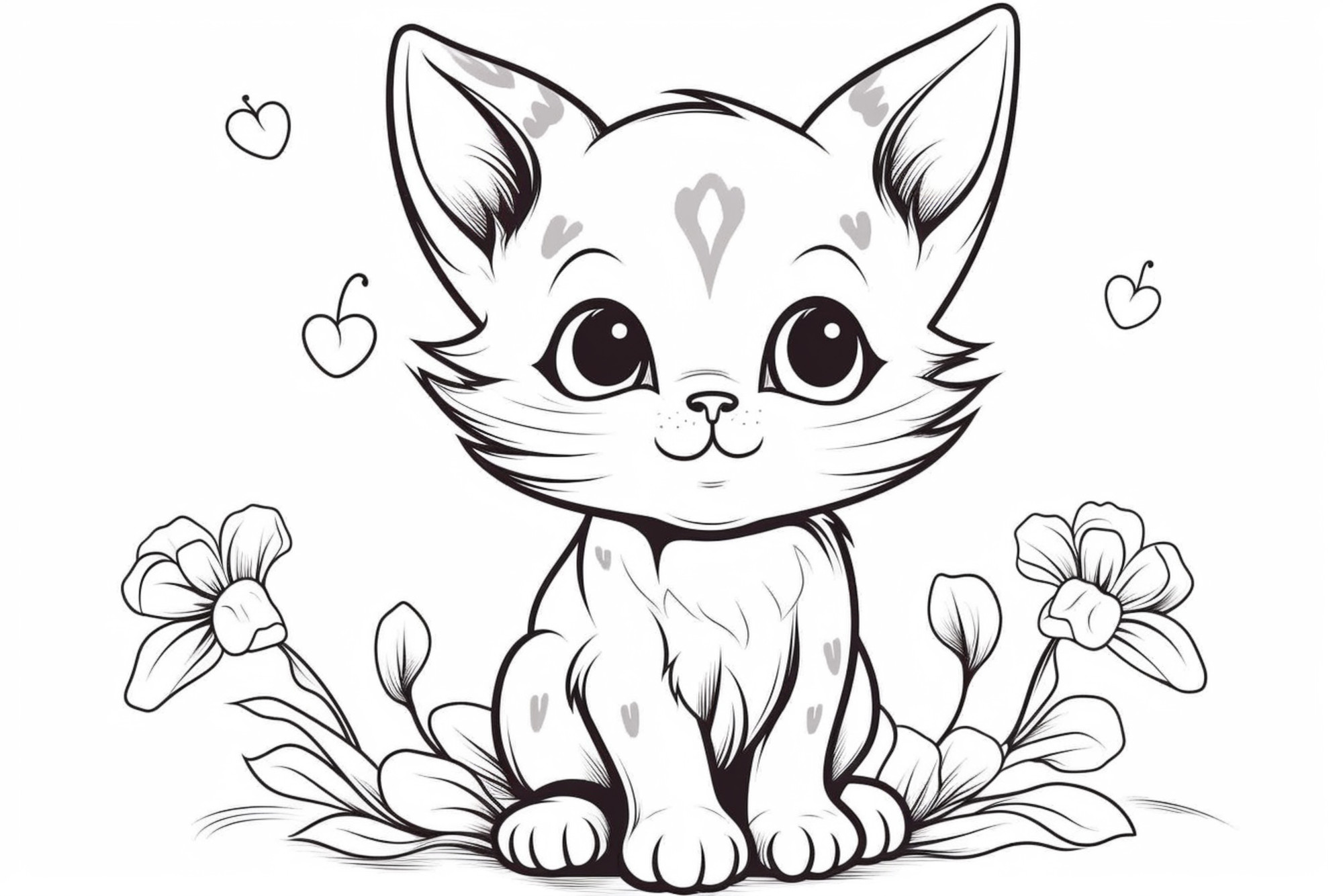 Раскраска для детей: рисунок котенка в траве с цветам