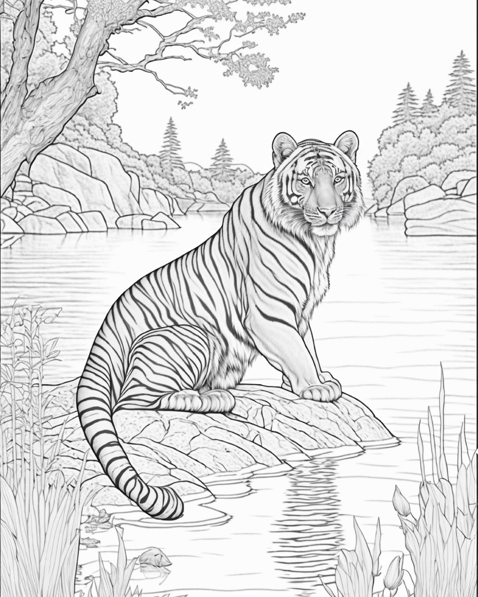 Раскраска для детей: белый тигр в лесу сидит на камне у горной реки