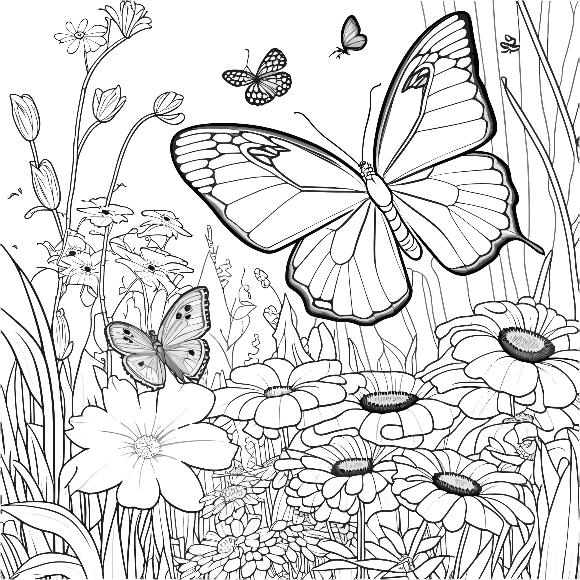 Раскраска для детей: реалистичные бабочки летают над полем с летними цветами