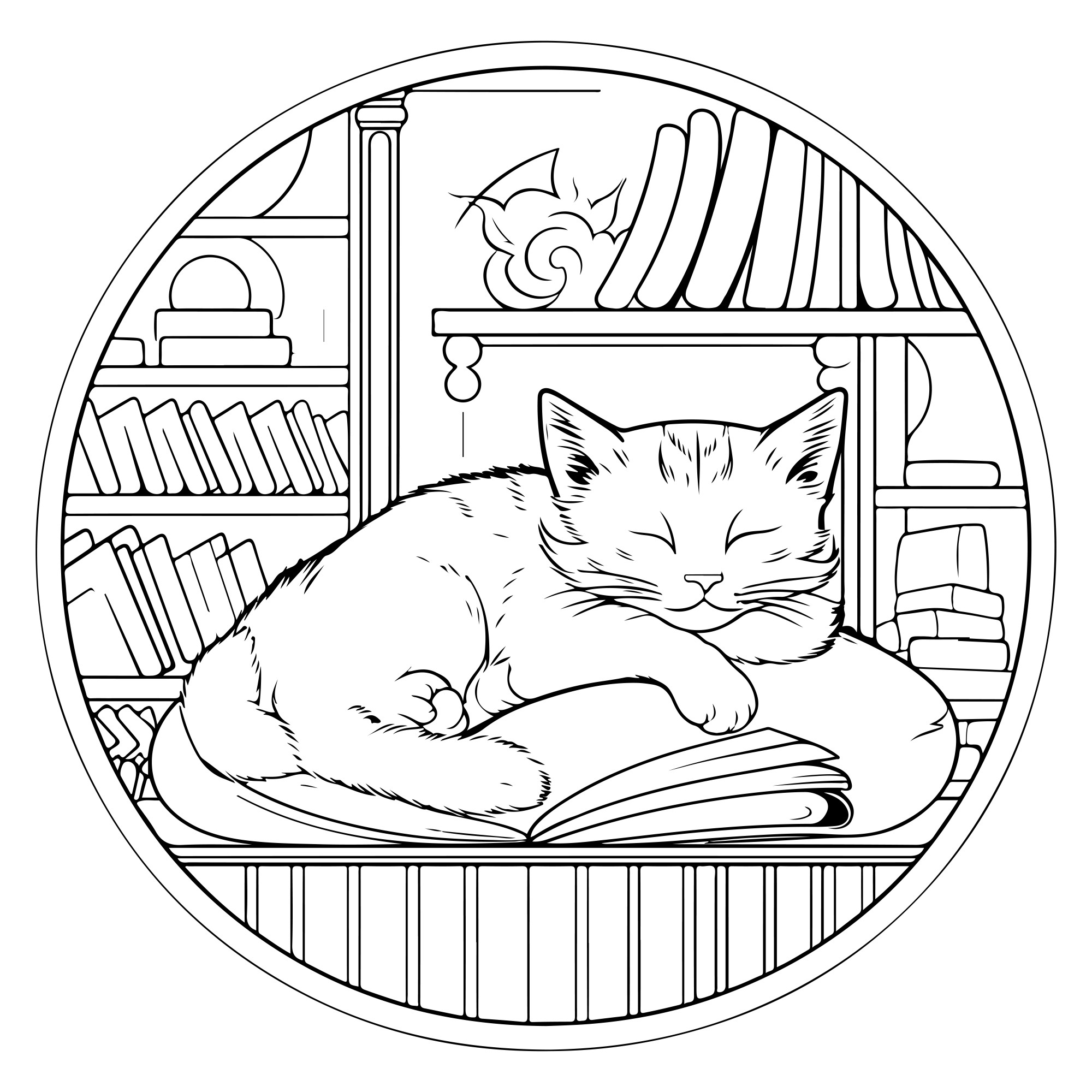 Раскраска для детей: котенок уснул в библиотеке
