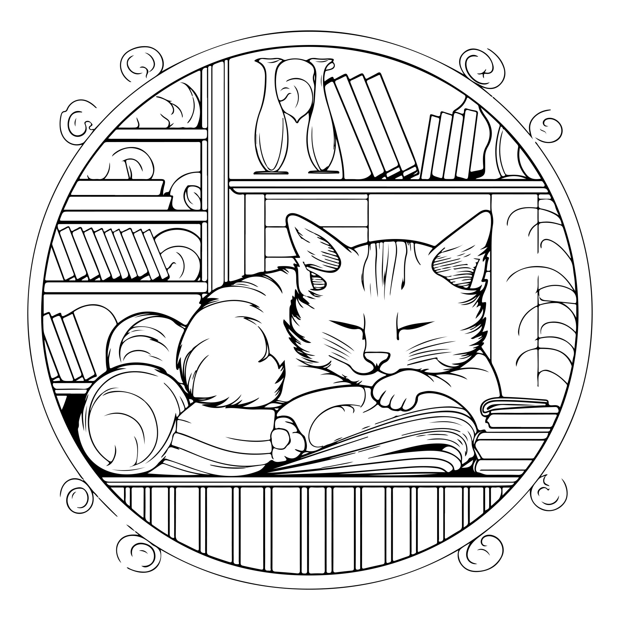 Раскраска для детей: котенок спит на книжке