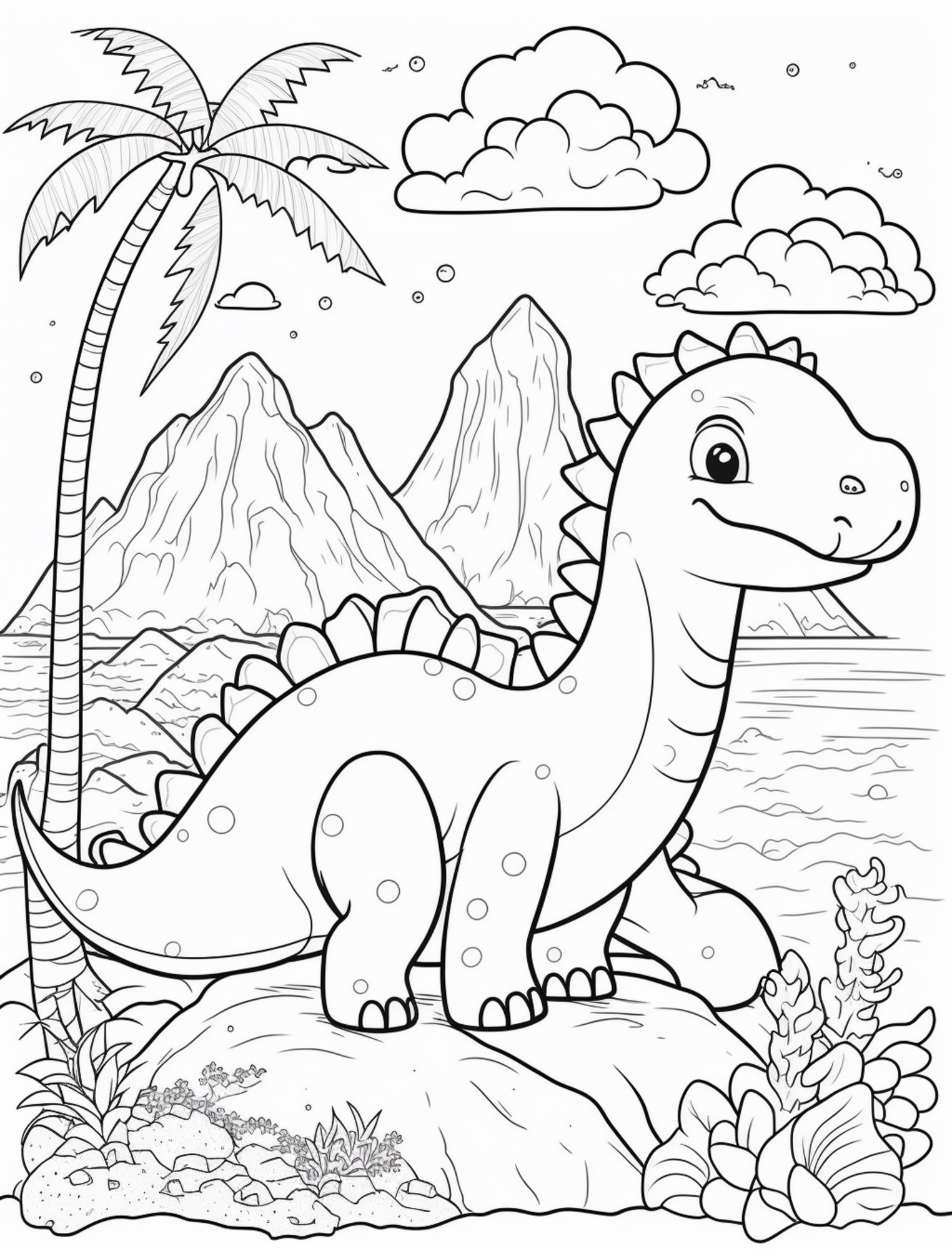 Раскраска для детей: динозавр на острове на фоне гор и пальмы