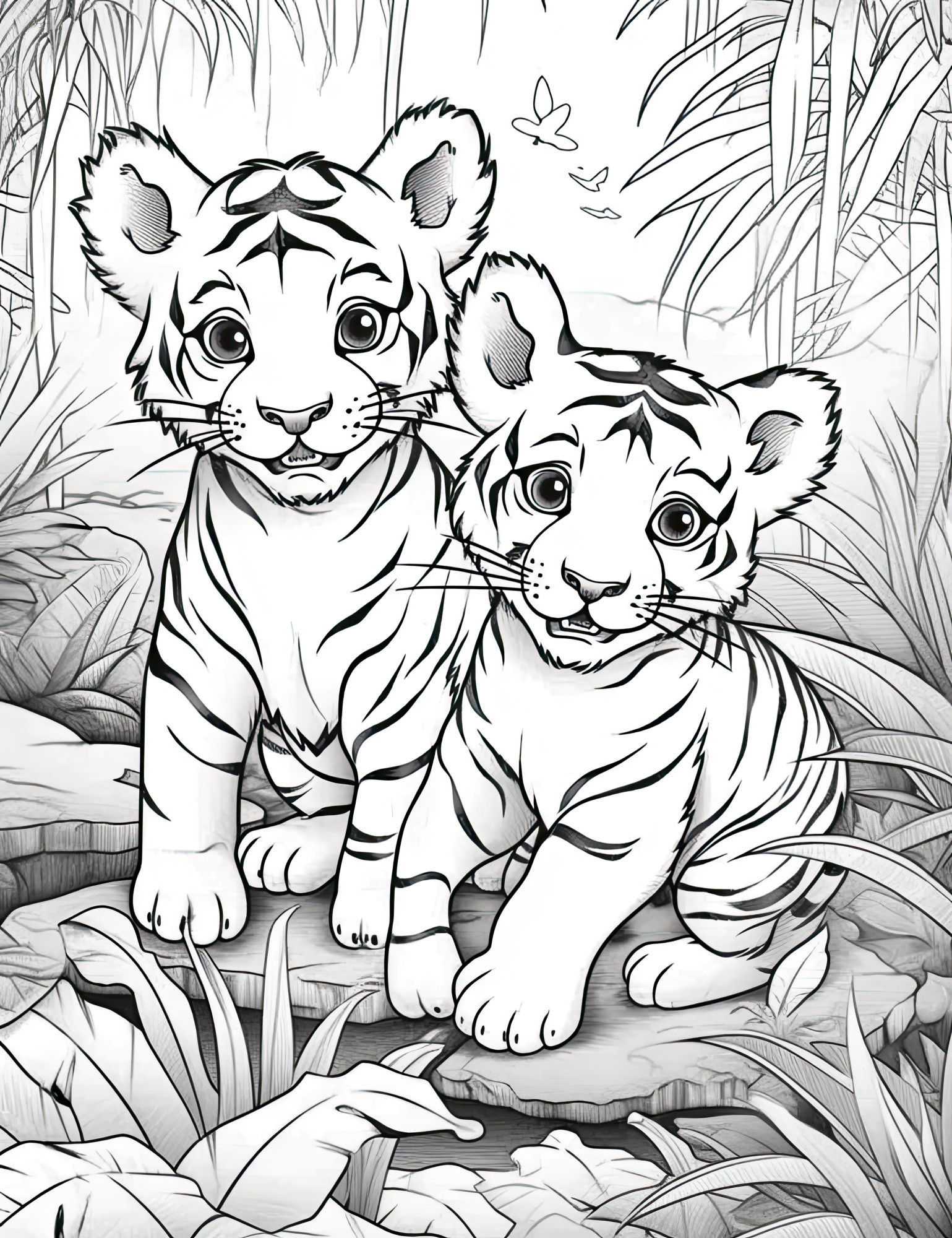 Раскраска для детей: тигрята в джунглях