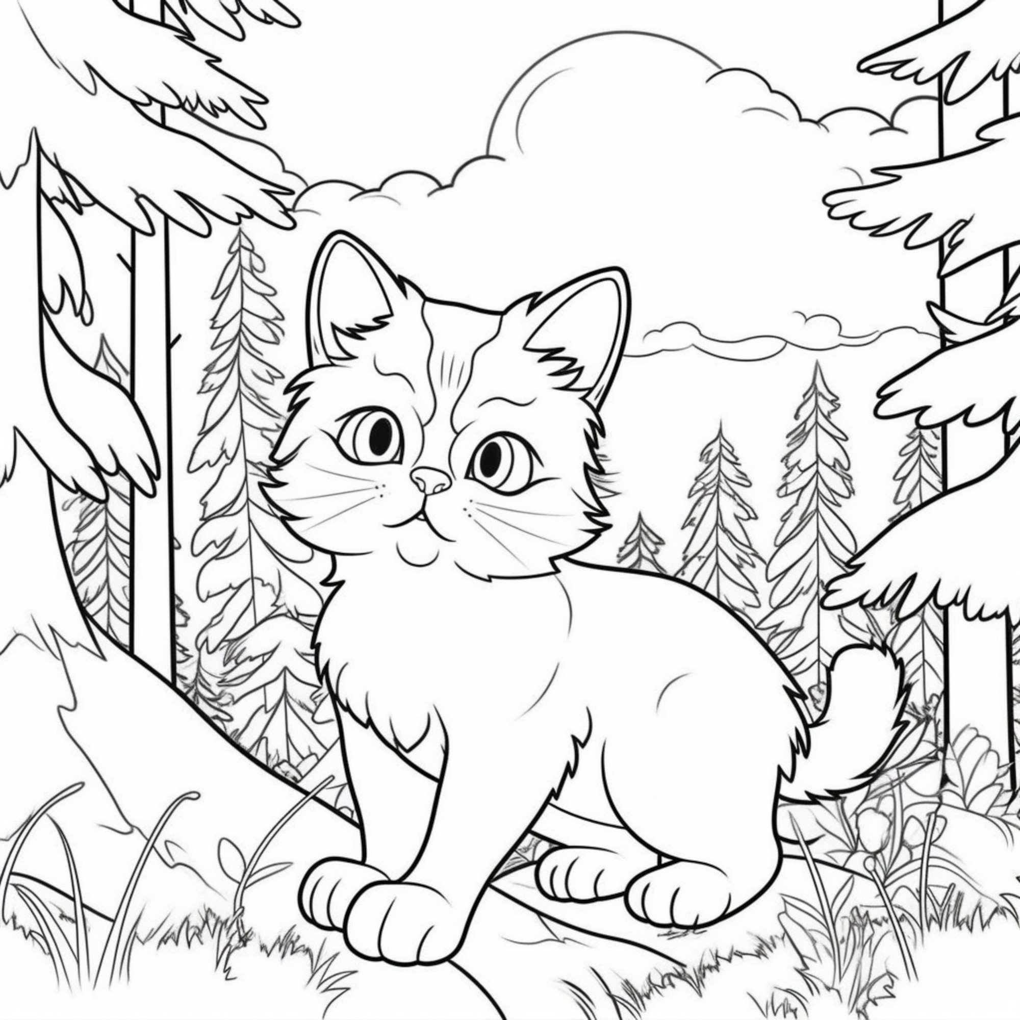 Раскраска для детей: кот герой на фоне леса