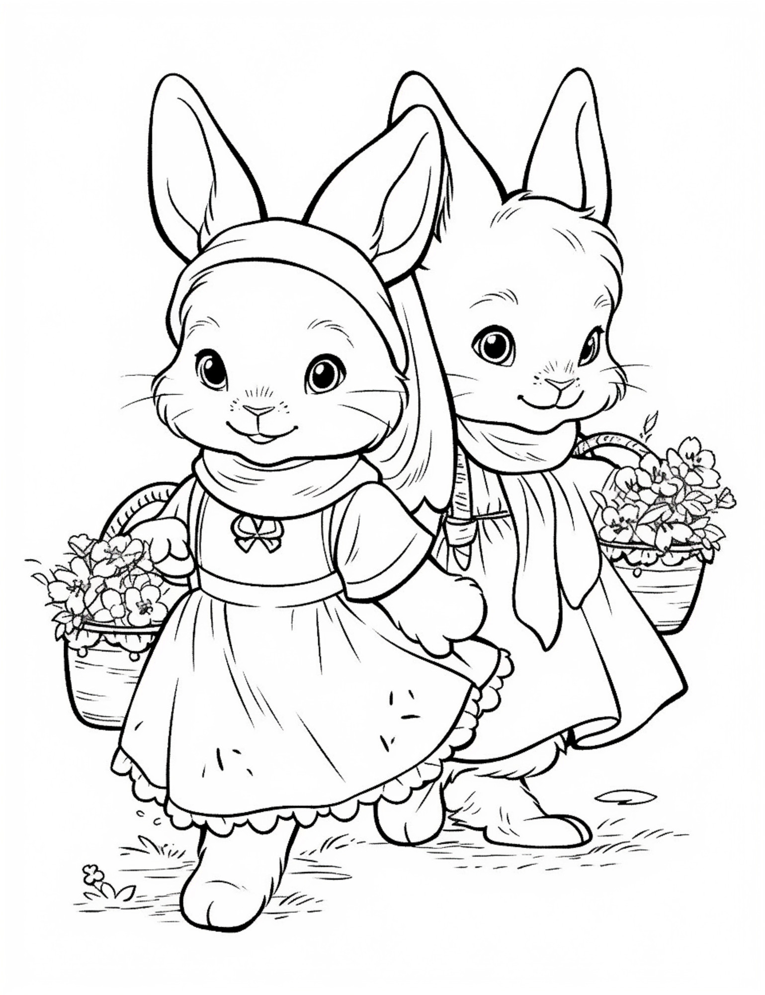 Раскраска для детей: сказочные крольчата с корзинками цветов