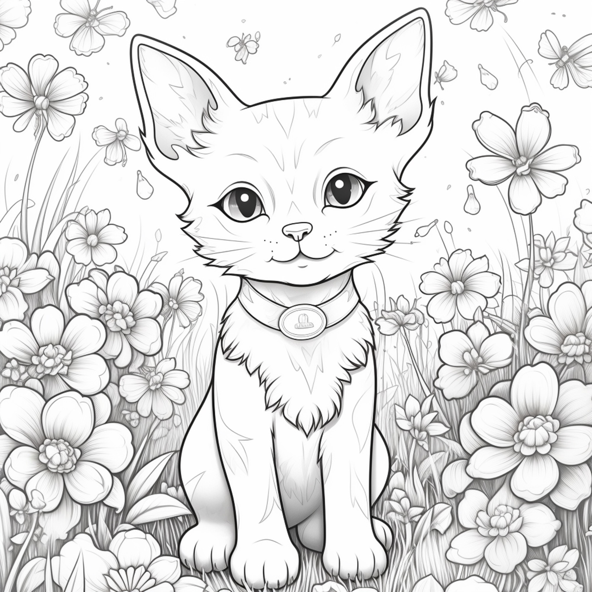 Раскраска для детей: котенок с ошейником в цветах
