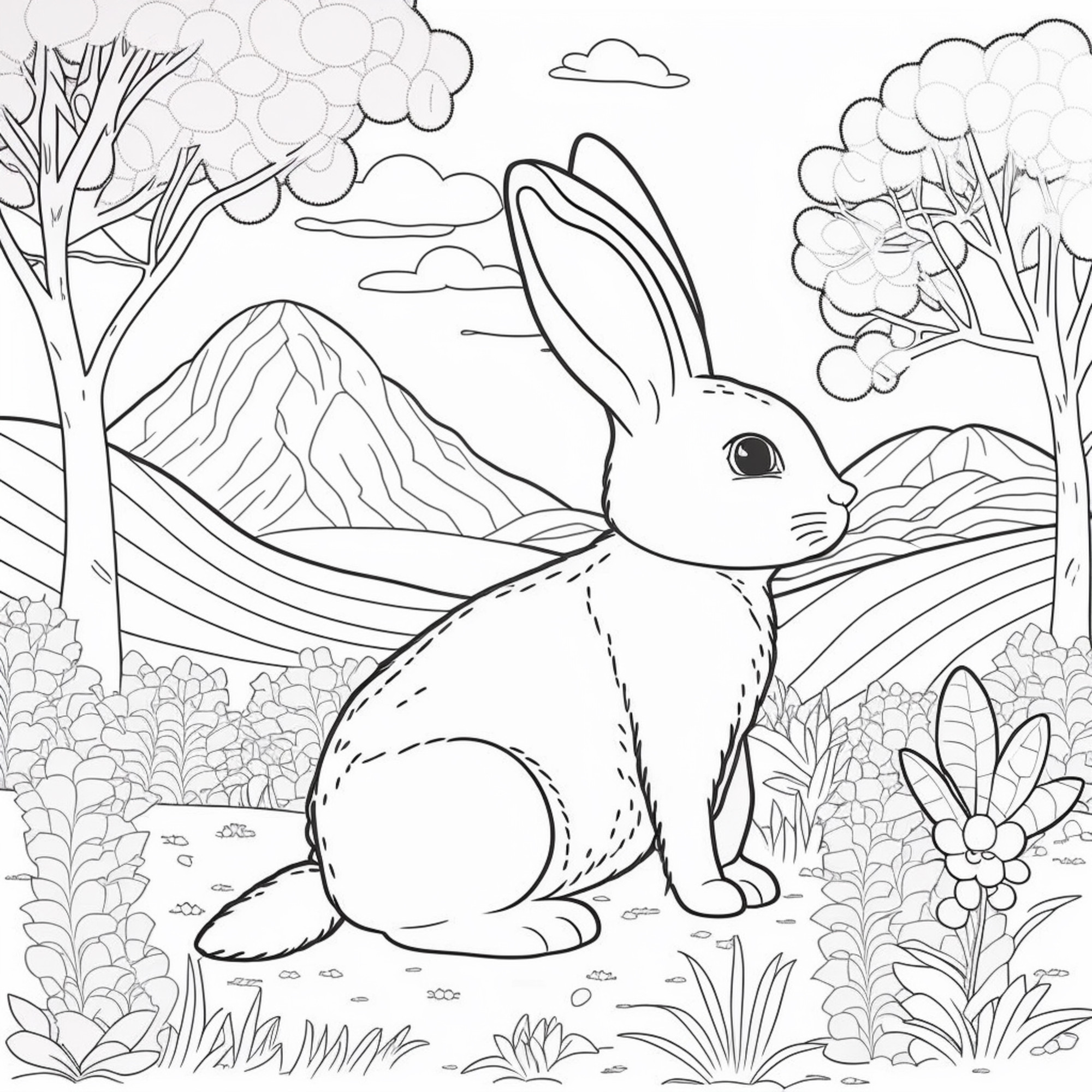 Раскраска для детей: заяц на фоне гор и деревьев