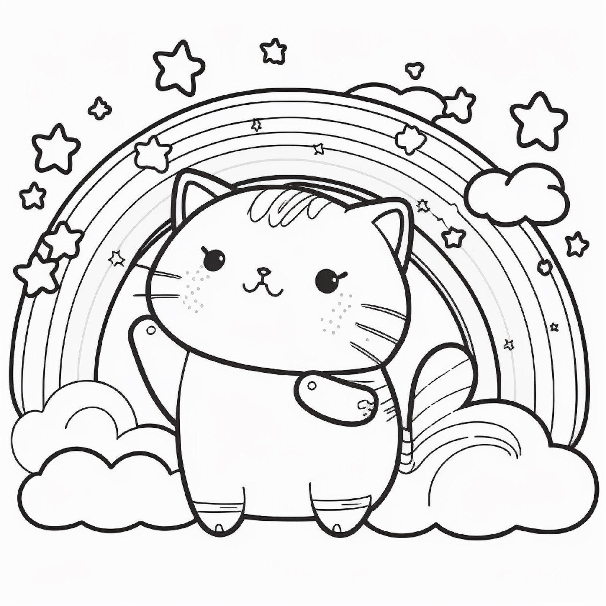 Раскраска для детей: аниме котенок на фоне радуги