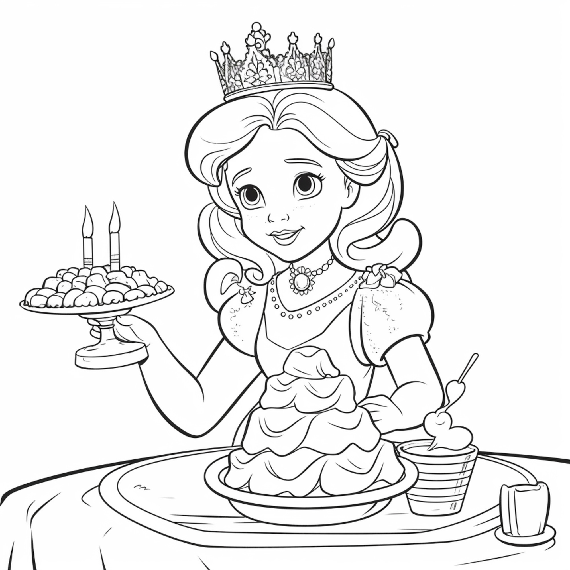 Раскраска для детей: принцесса держащей торт со свечами