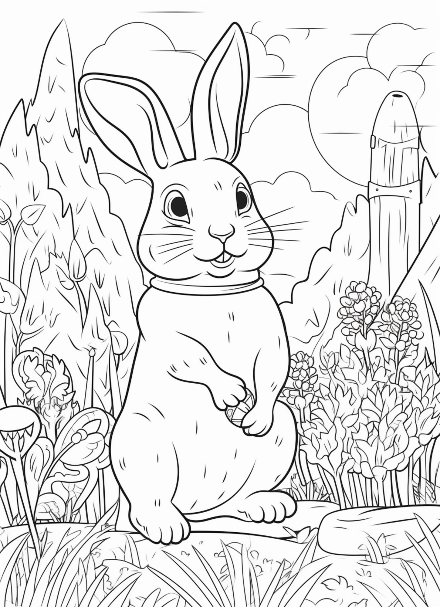 Раскраска для детей: заяц в сказочном лесу