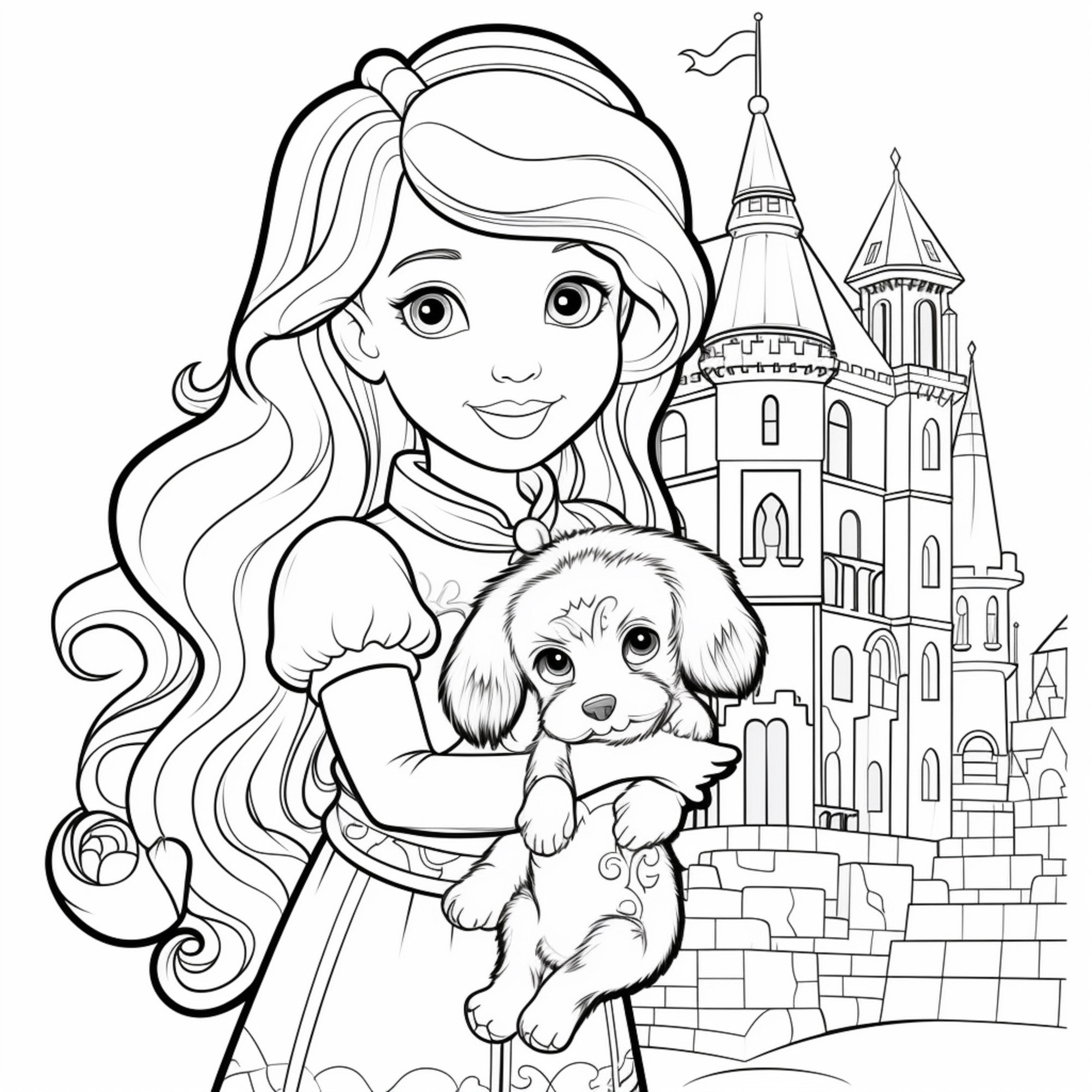 Раскраска для детей: принцесса Аврора с щенком на руках перед замком
