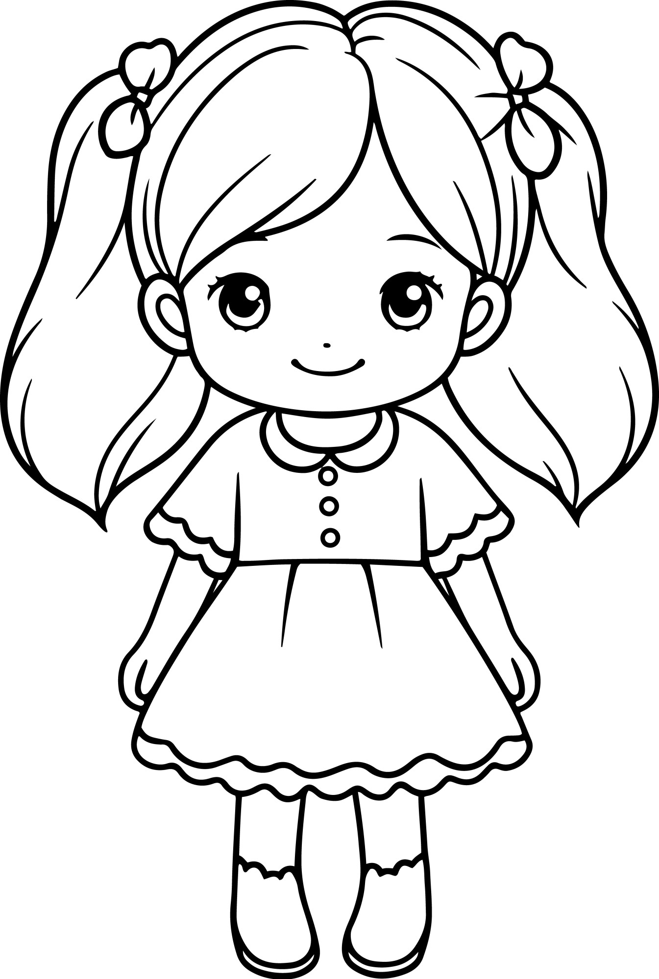 Раскраска для детей: кукла девочки с улыбкой на лице «Улыбчивая куколка»