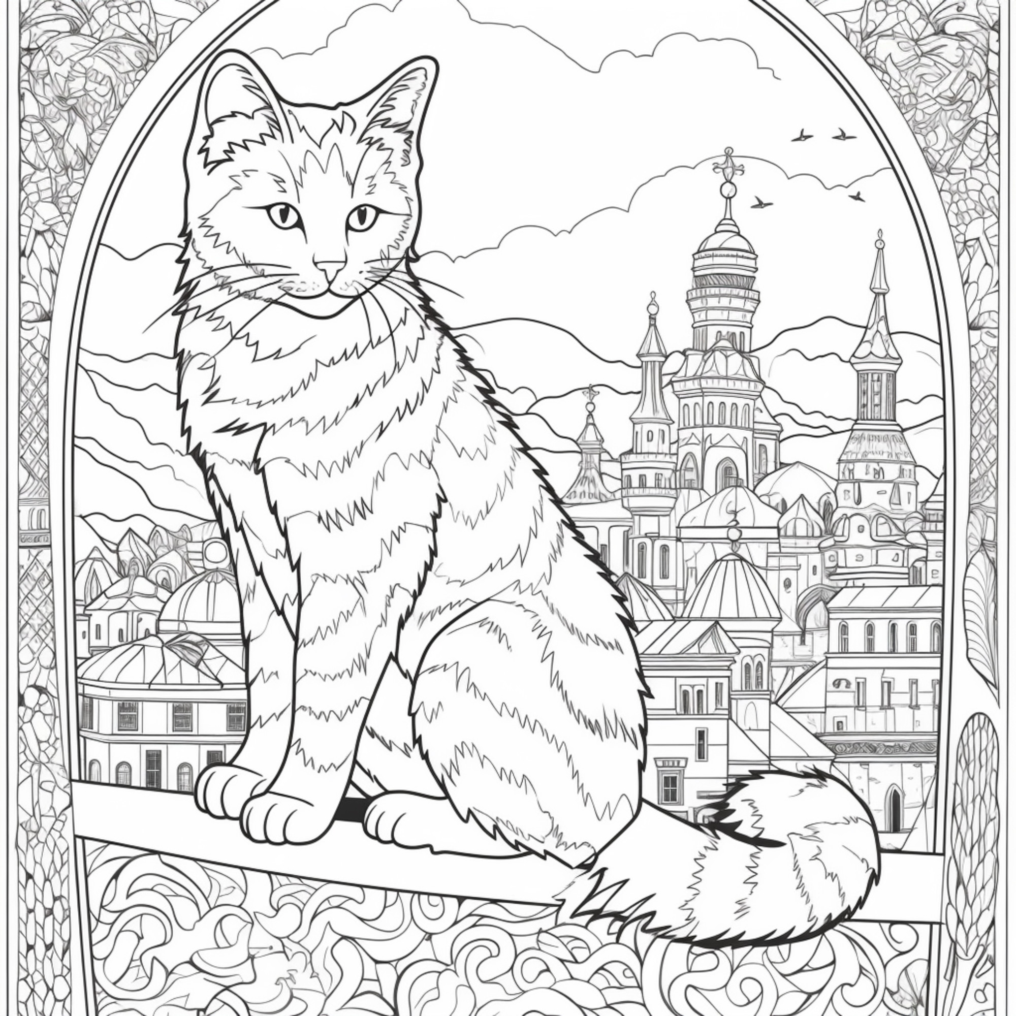 Раскраска для детей: взрослая кошка на фоне города с узорами