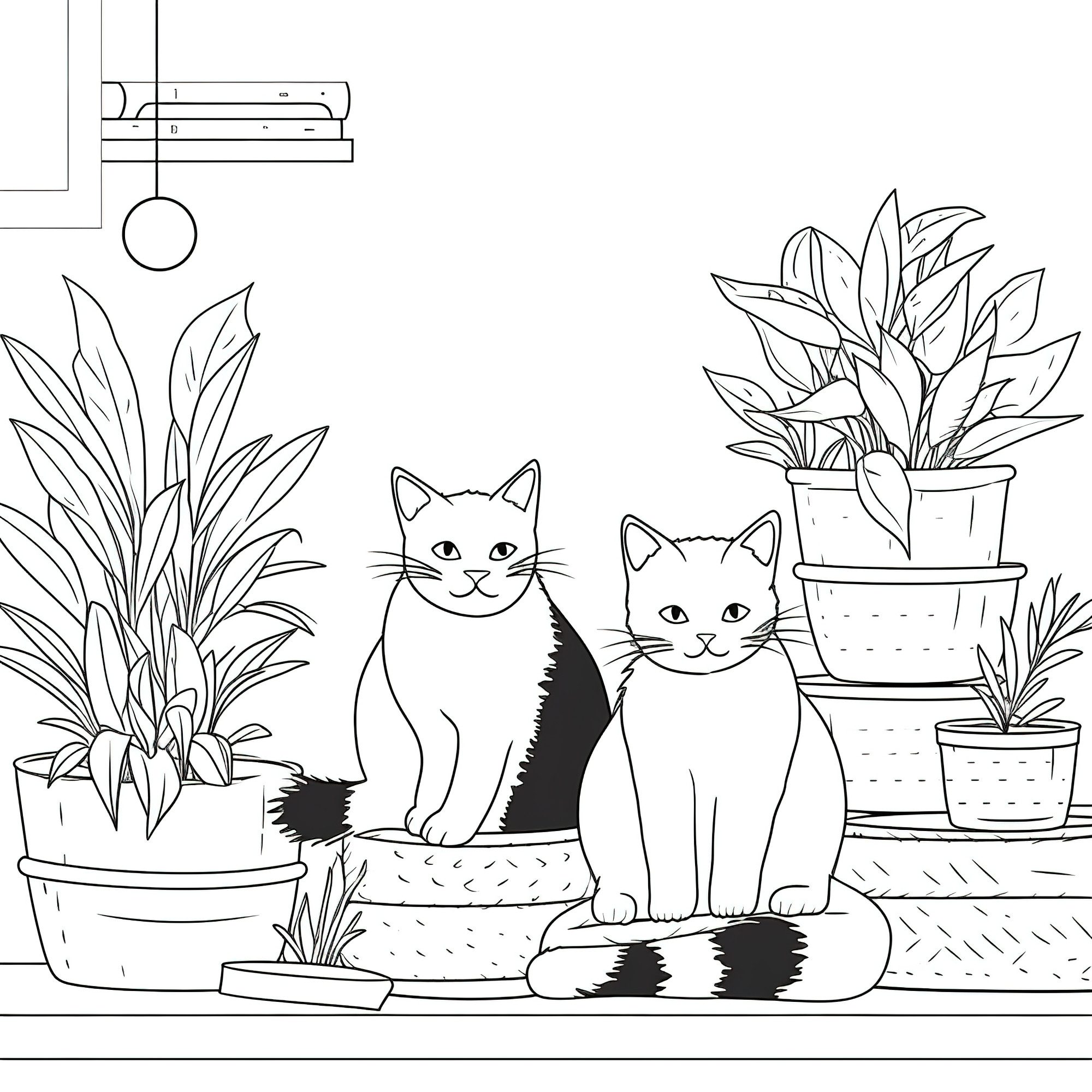 Раскраска для детей: черная кошка и кот на фоне комнатных растений