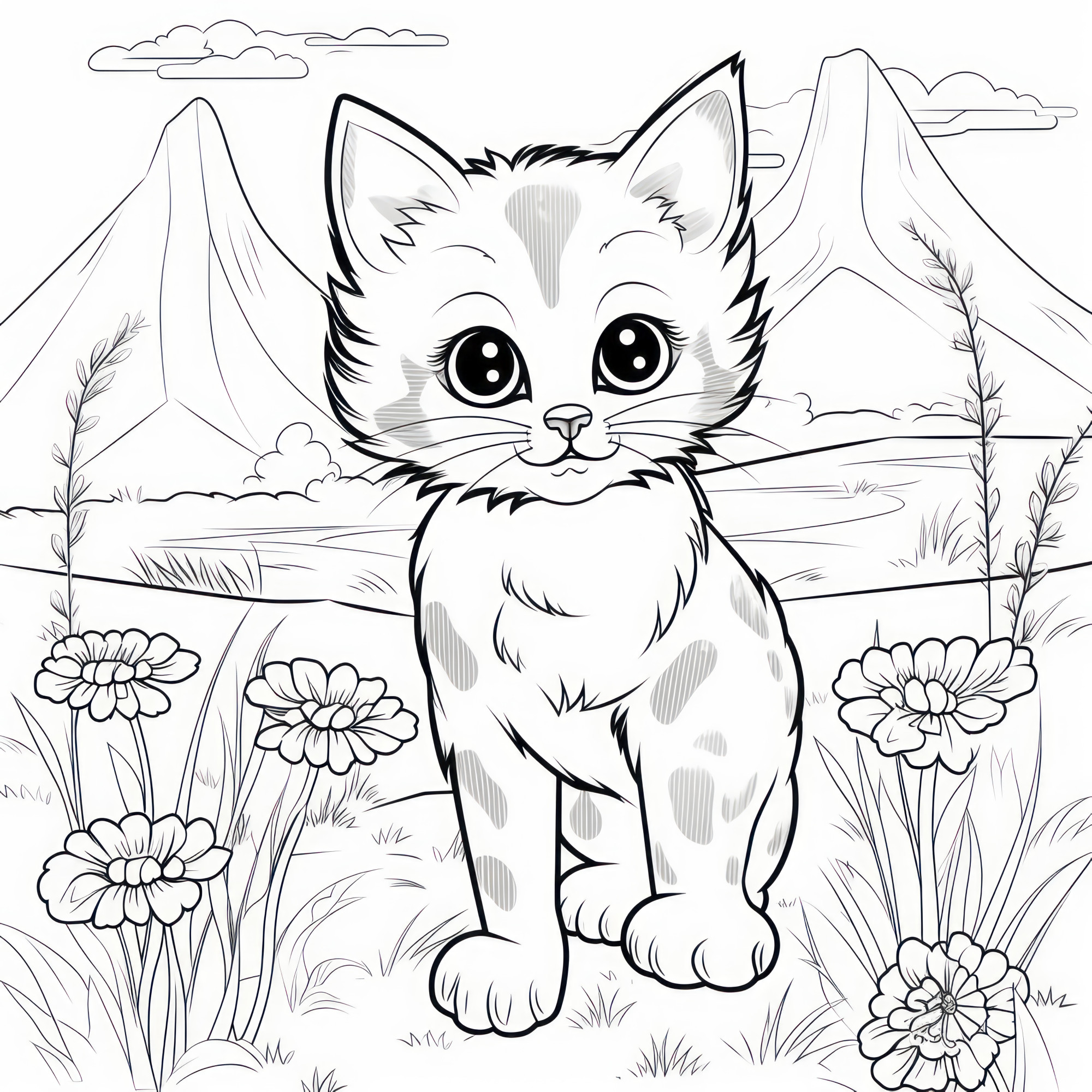 Раскраска для детей: сказочный котенок на фоне гор