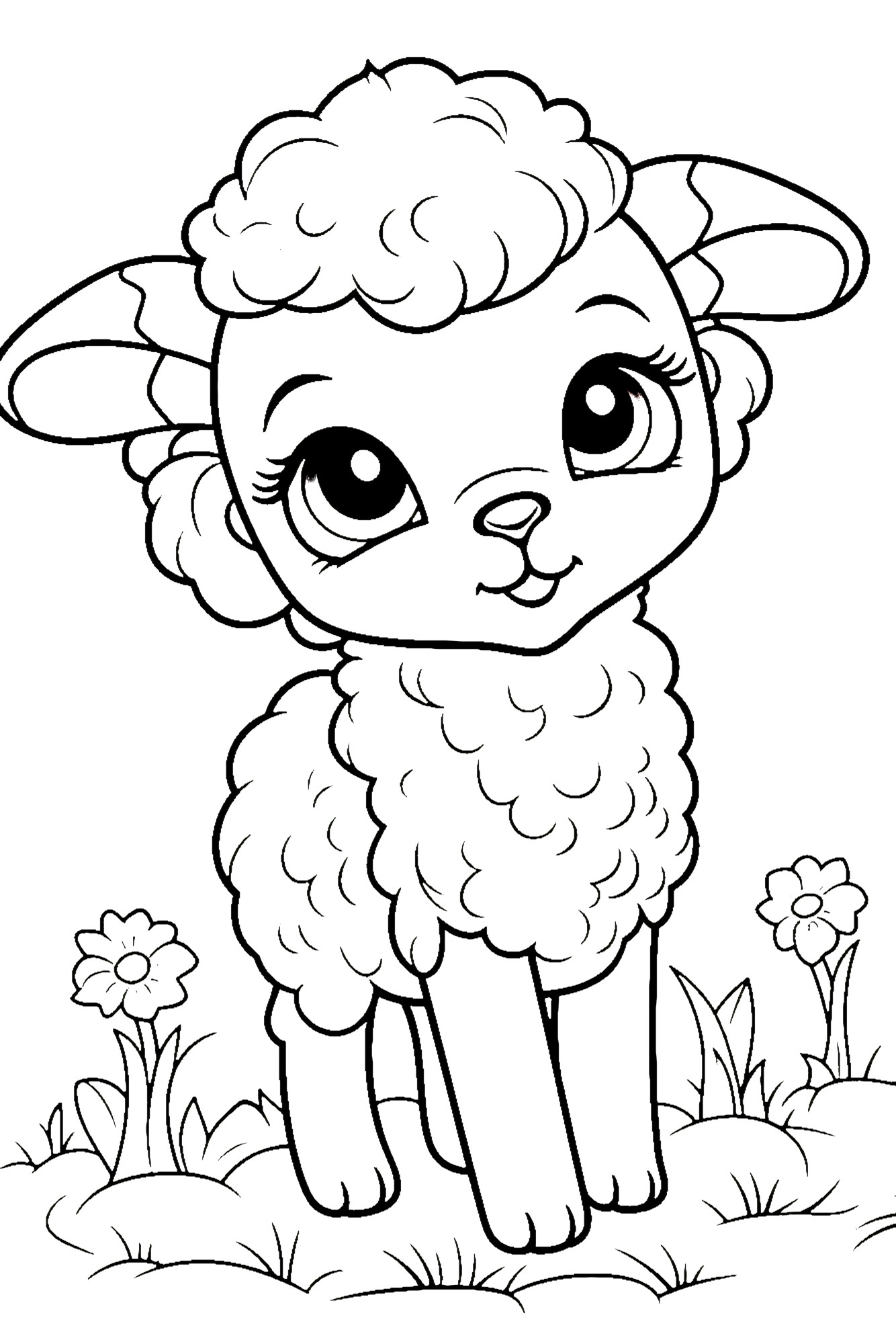 Раскраска для детей: милая овечка с полевыми цветами