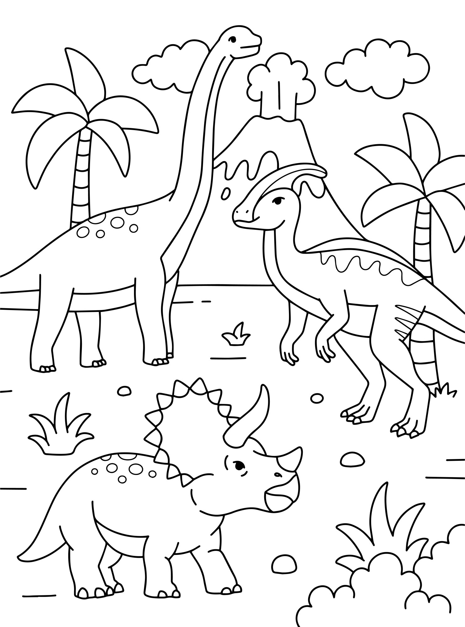 Раскраска для детей: динозавры из мультфильма на фоне горы