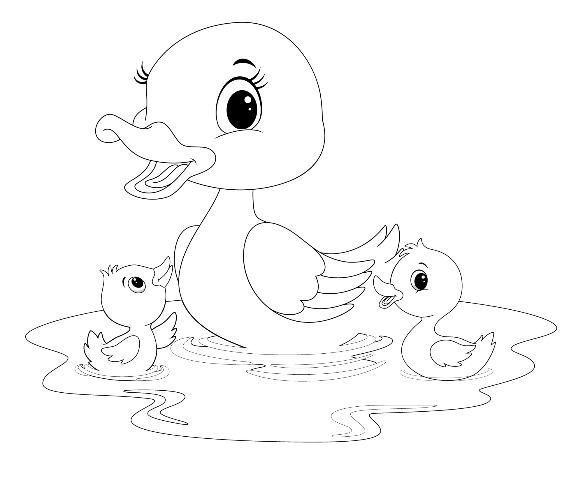 Раскраска для детей: утка с малышами утятами в воде