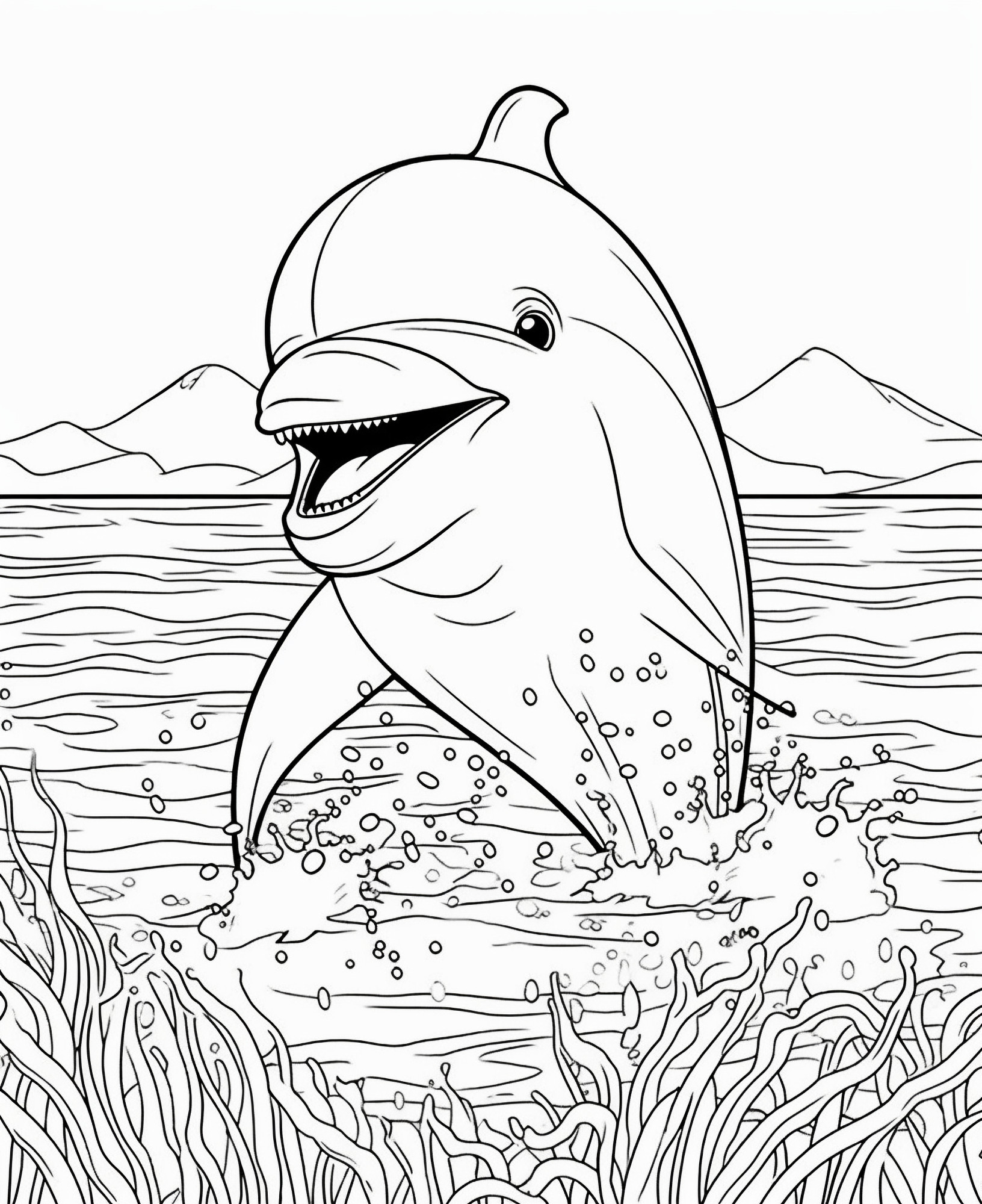 Раскраска для детей: дельфин вынырнул из воды на фоне гор