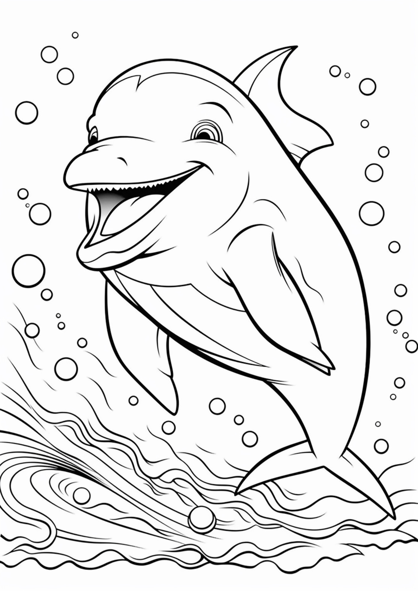 Раскраска для детей: дельфин улыбается во время плавания в океане