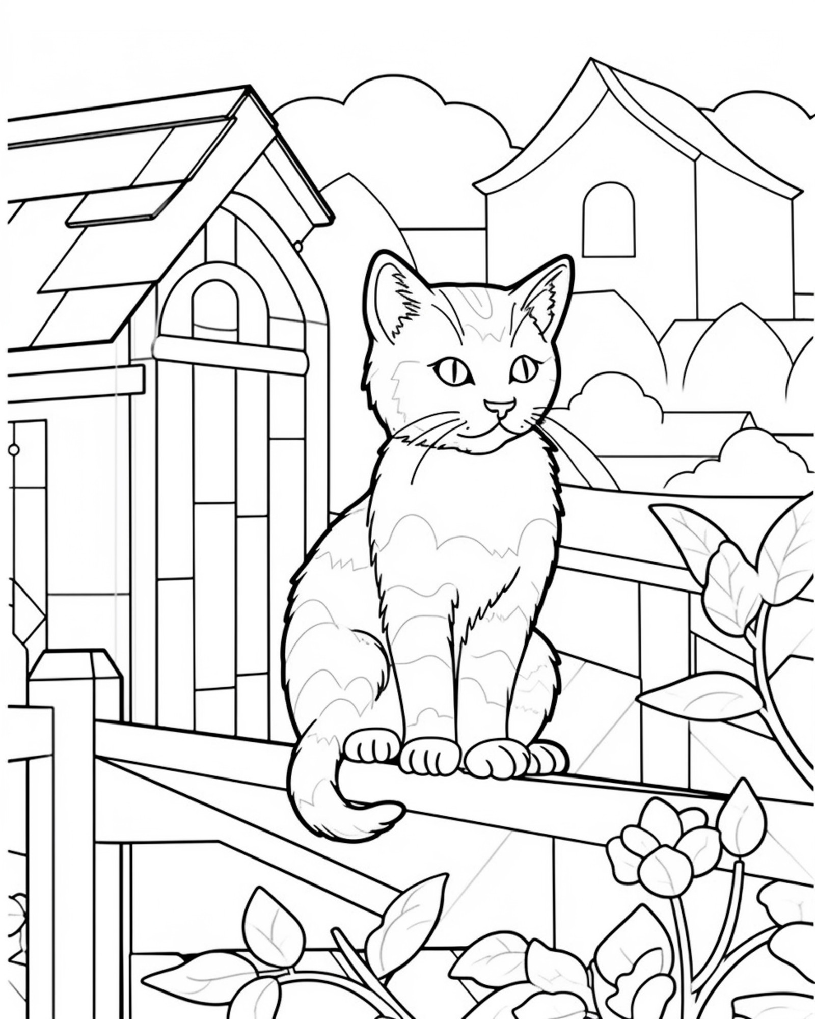 Раскраска для детей: кот сидит на заборе в саду