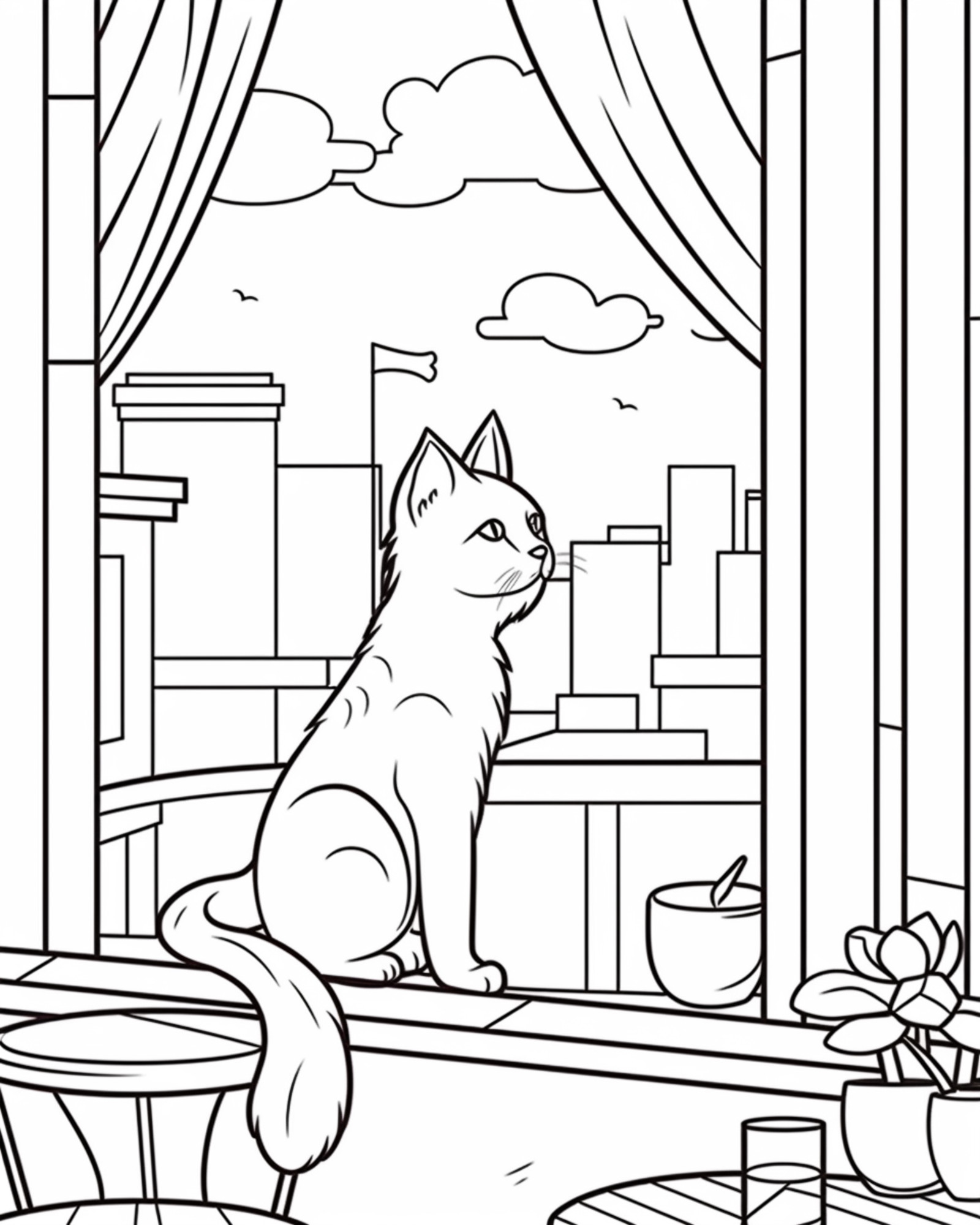 Раскраска для детей: кошка сидит у открытого окна