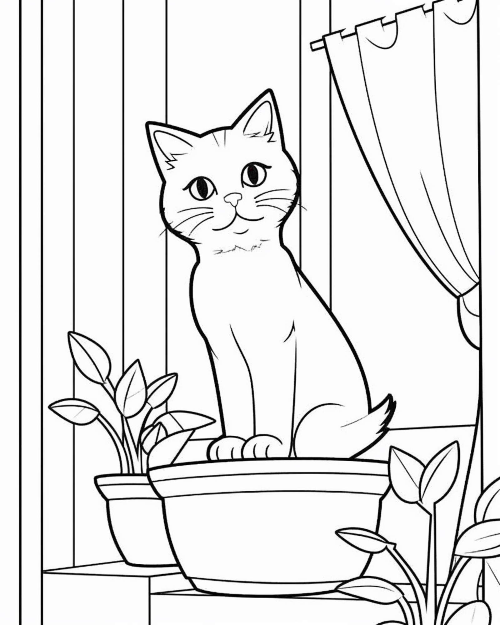 Раскраска для детей: кошка на подоконнике сидит в цветочном горшке