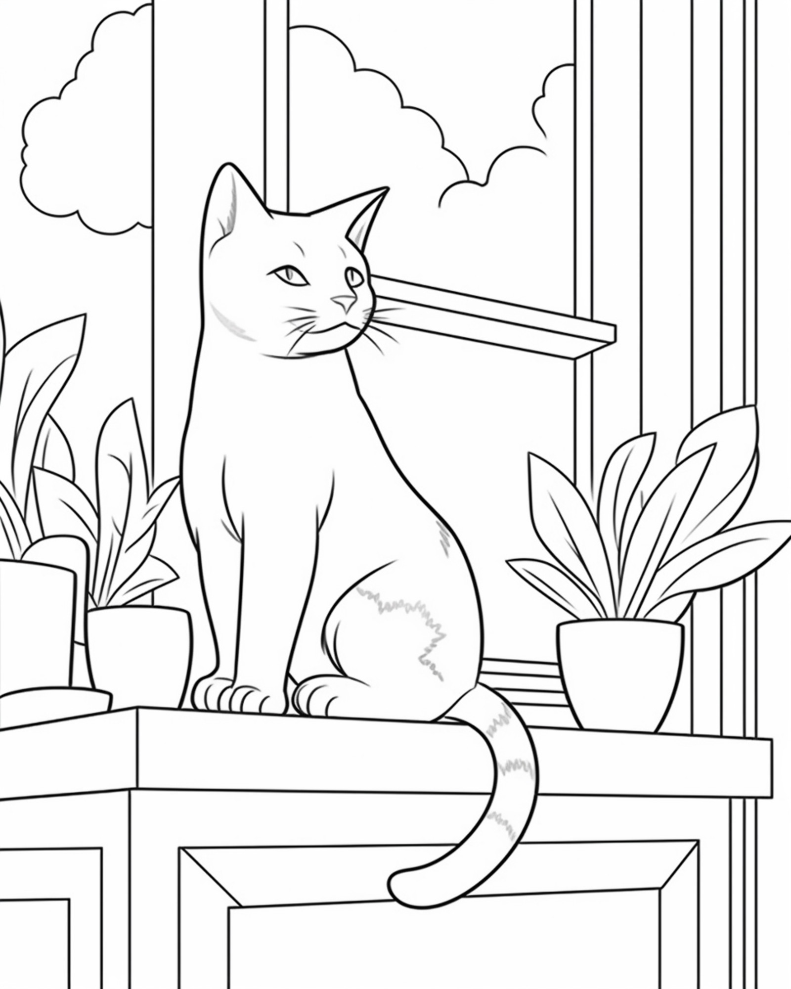 Раскраска для детей: кошка сидит на подоконнике с комнатными цветами