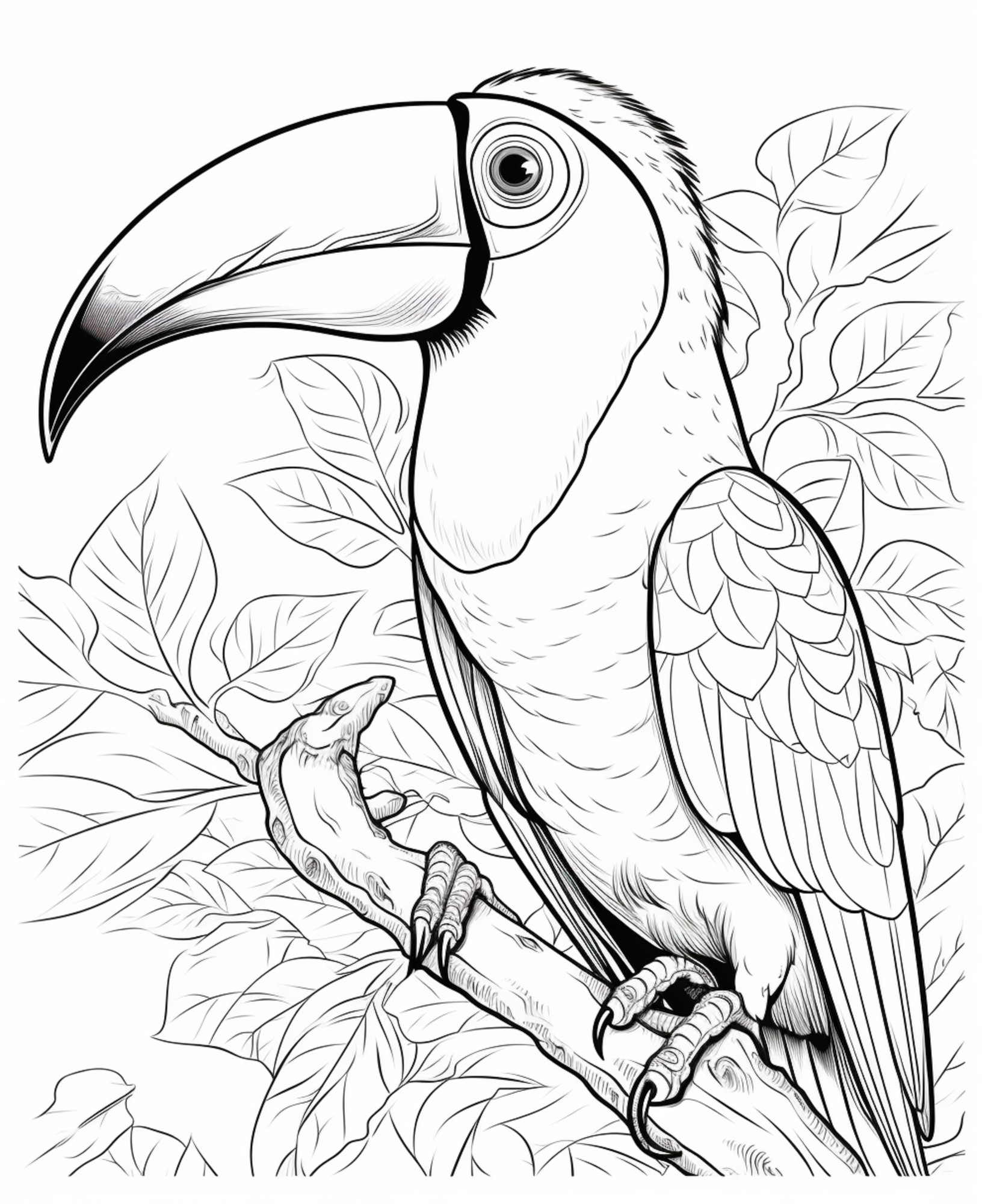 Раскраска для детей: реалистичная птица тукан на ветке