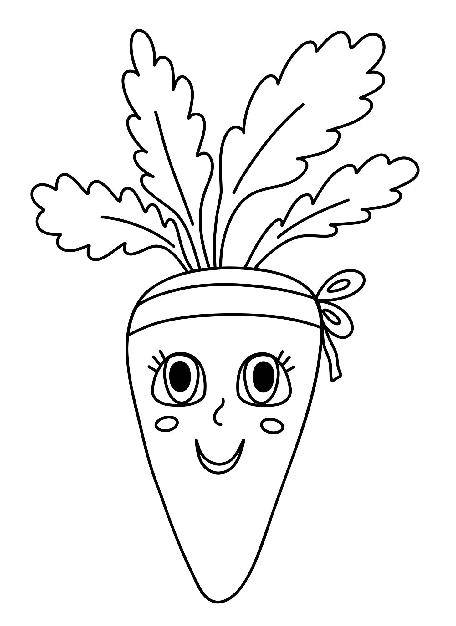 Раскраска для детей: морковка с повязкой лицом и ботвой