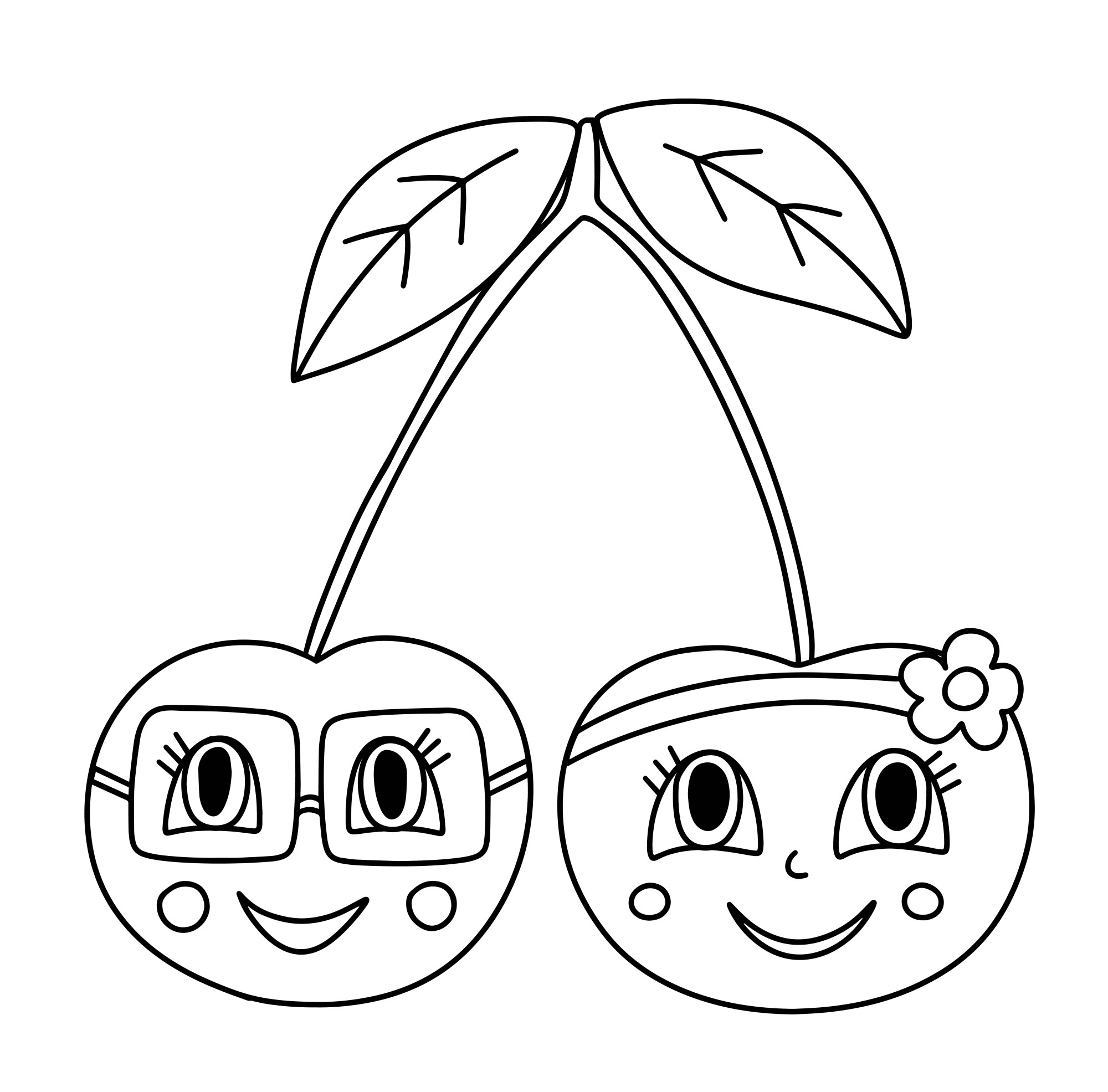 Раскраска для детей: мультяшные ягоды вишни с лицами