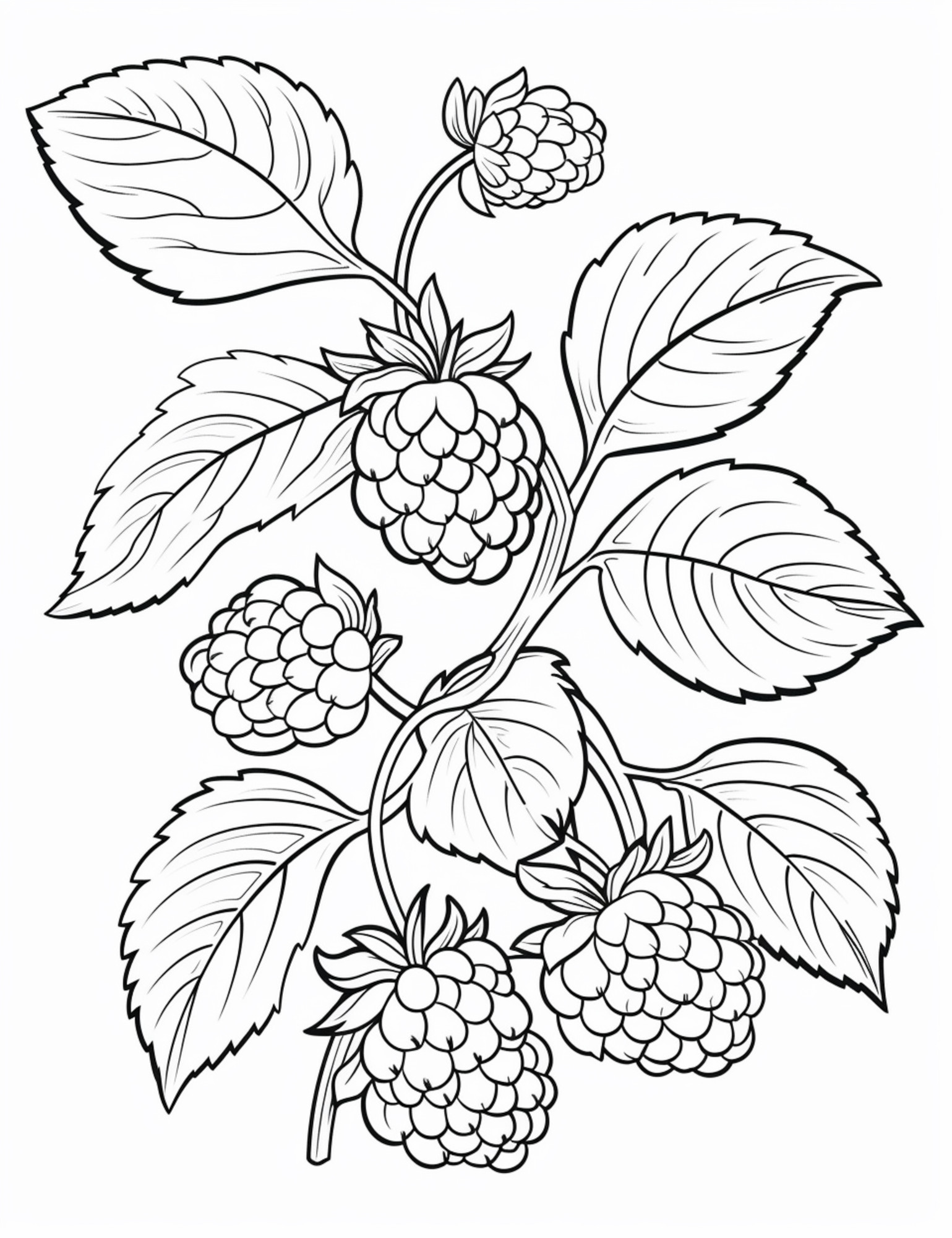 Раскраска для детей: ветка спелой садовой малины