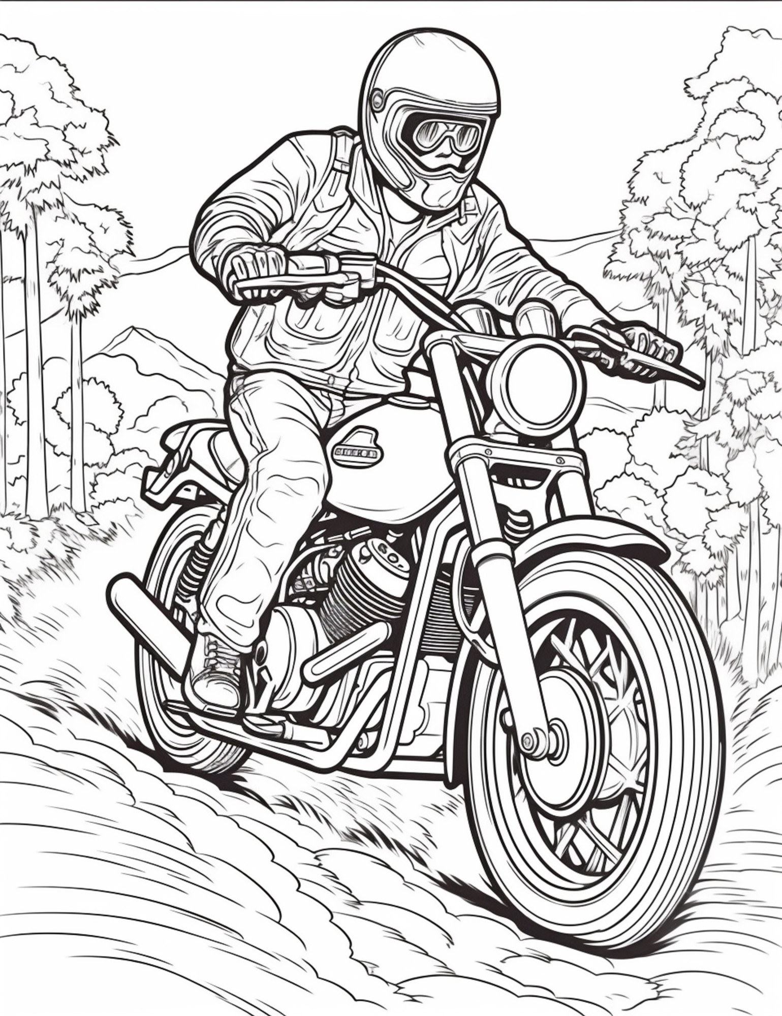 Раскраска для детей: гонщик на мотоцикле в лесу