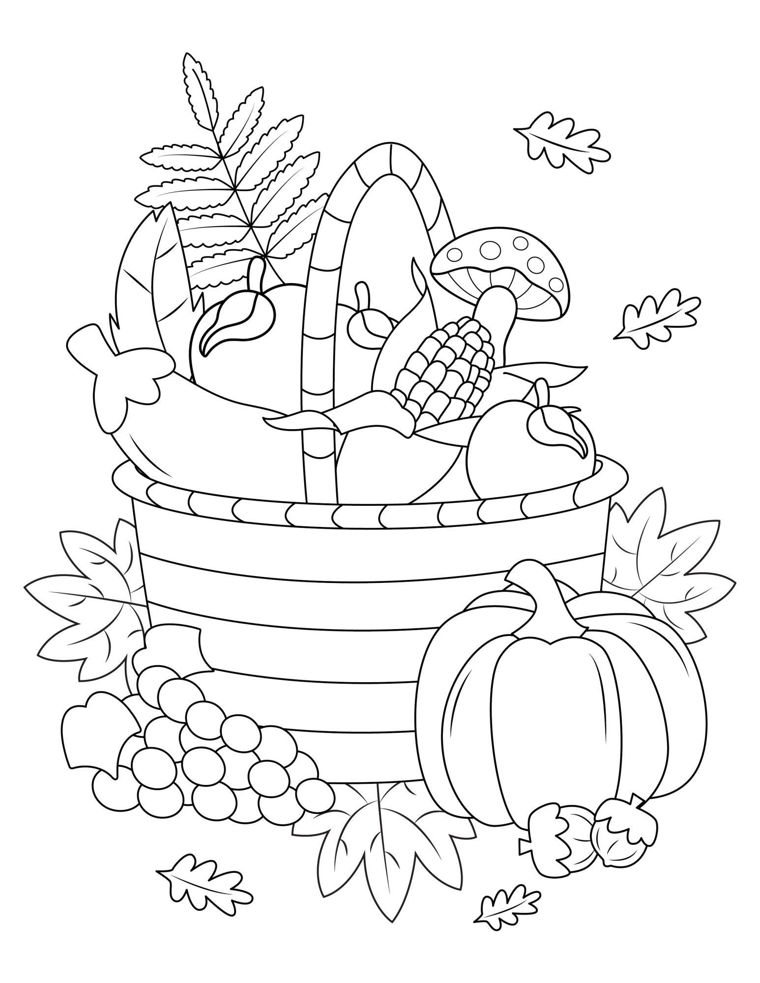 Раскраска для детей: тыква на фоне корзины с овощами