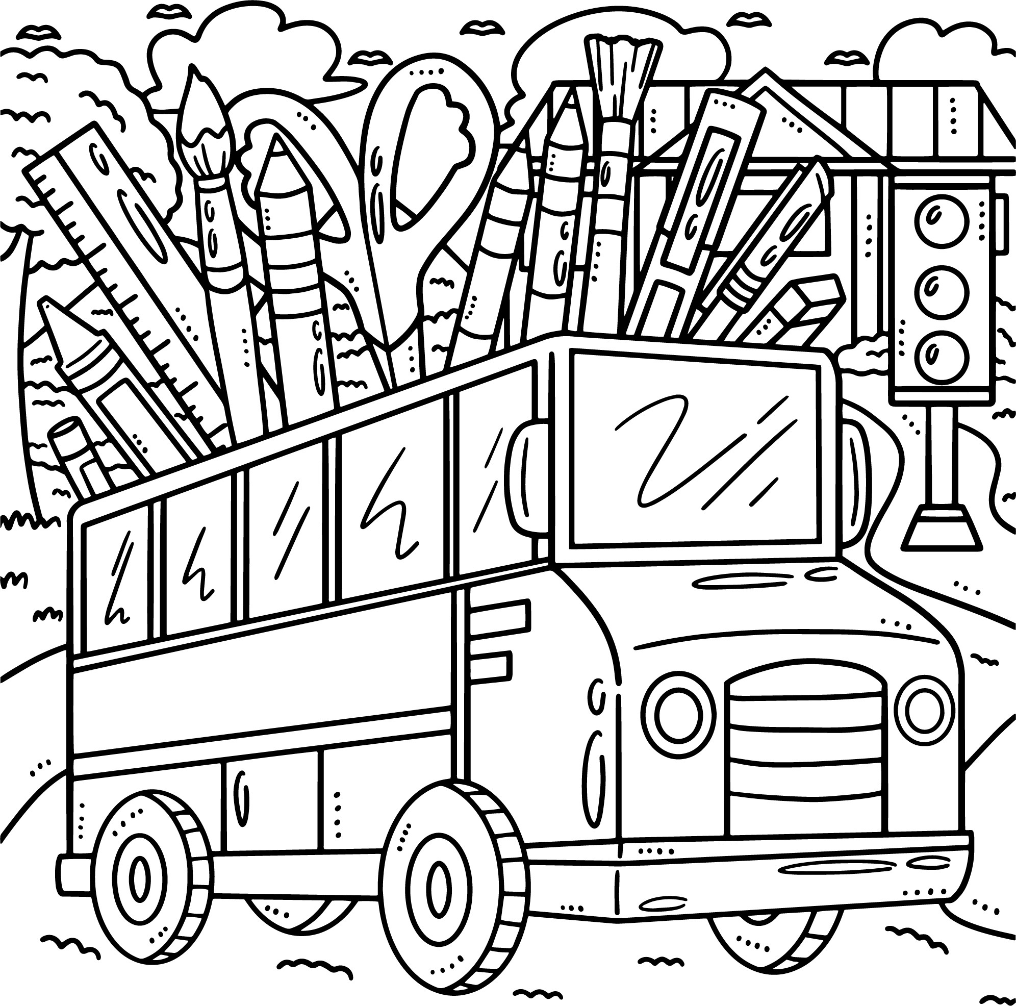 Раскраска для детей: мультяшный школьный автобус с карандашами и кисточками