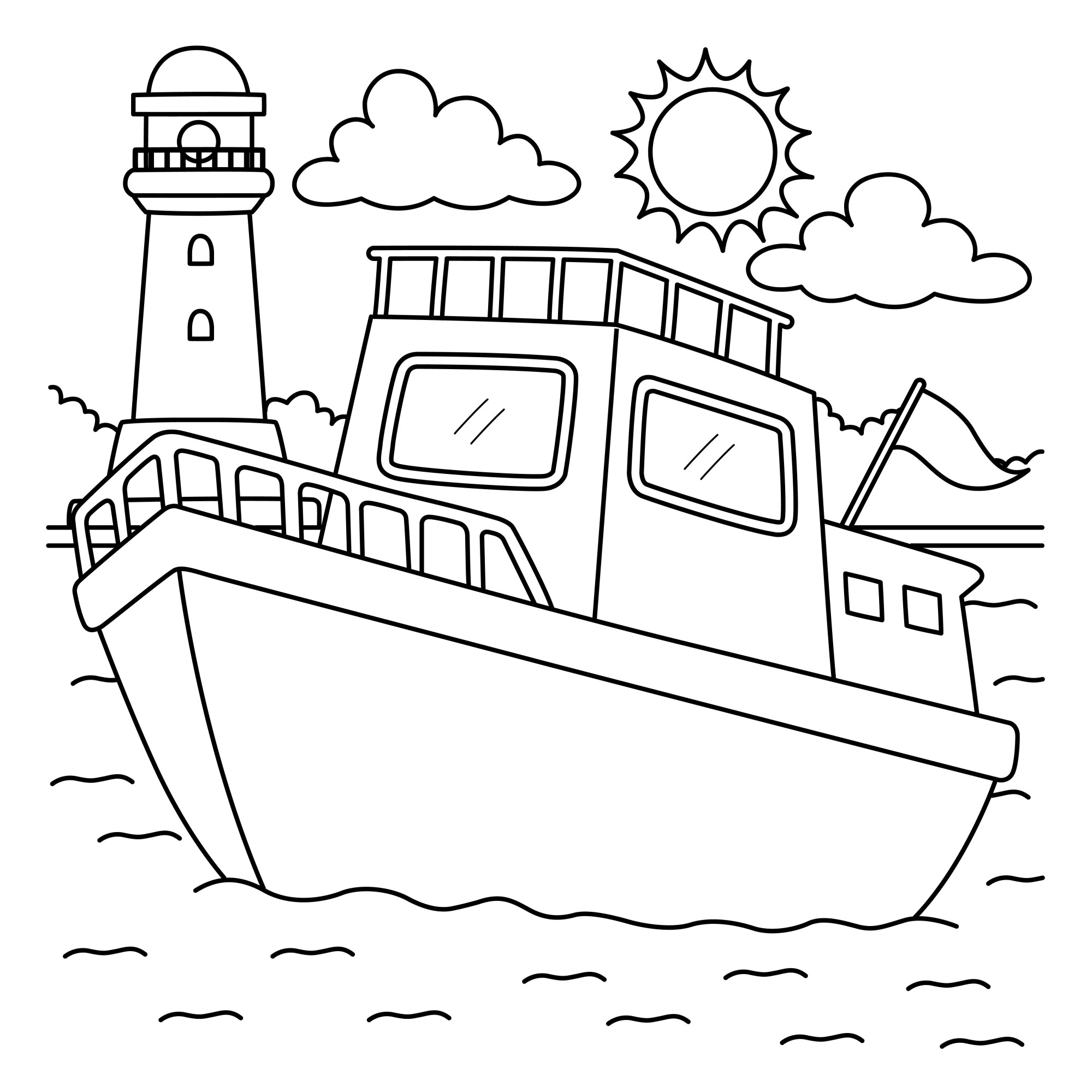 Раскраска для детей: корабль с флагом на фоне маяка «Шелковые волны»