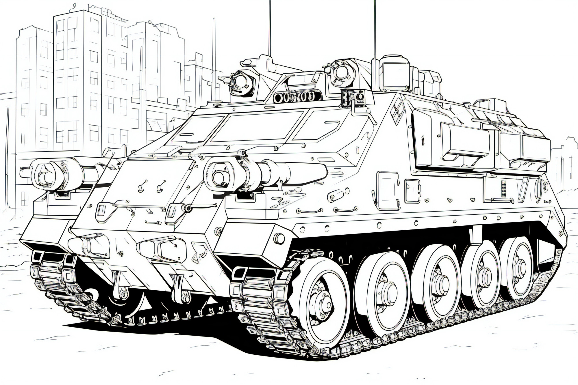 Раскраска для детей: танк в городе