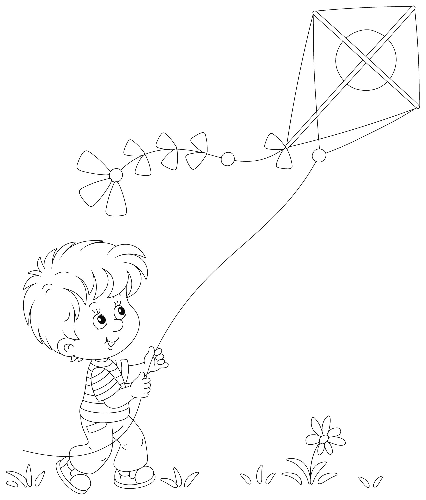 Раскраска для детей: мальчик в поле играет с воздушным змеем