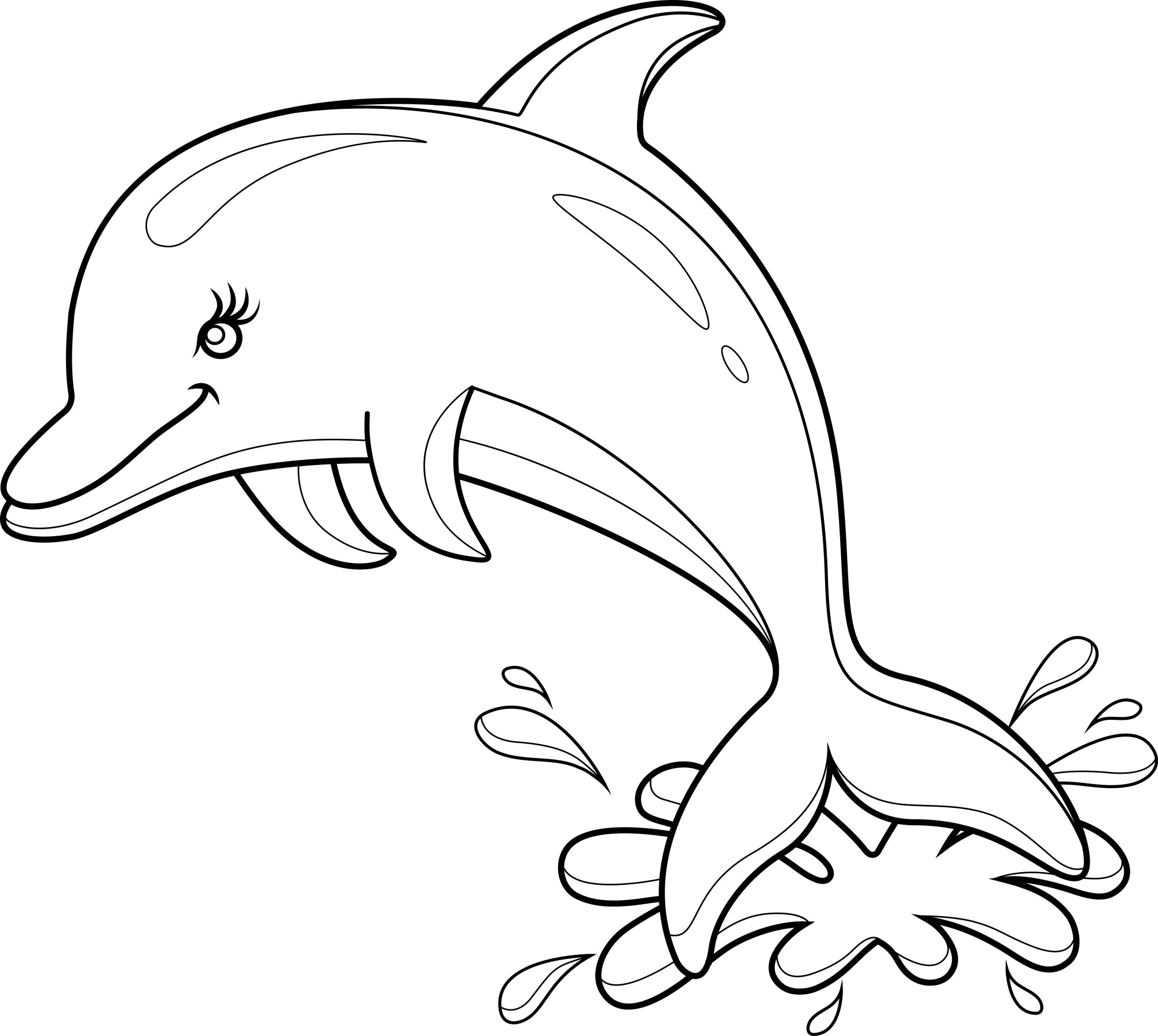 Раскраска для детей: мультяшный дельфин над водой
