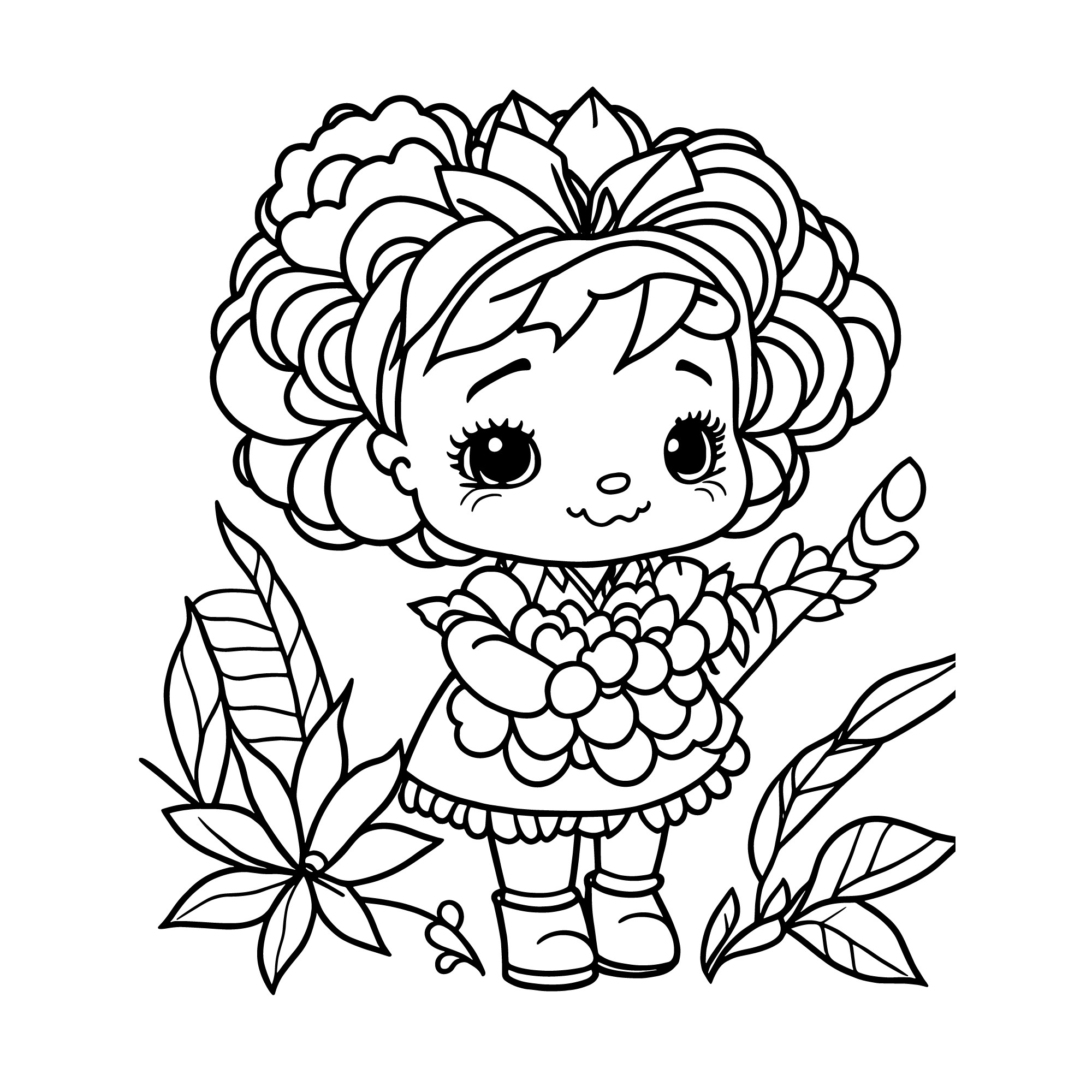 Раскраска для детей: кукла девочки с цветами в руках