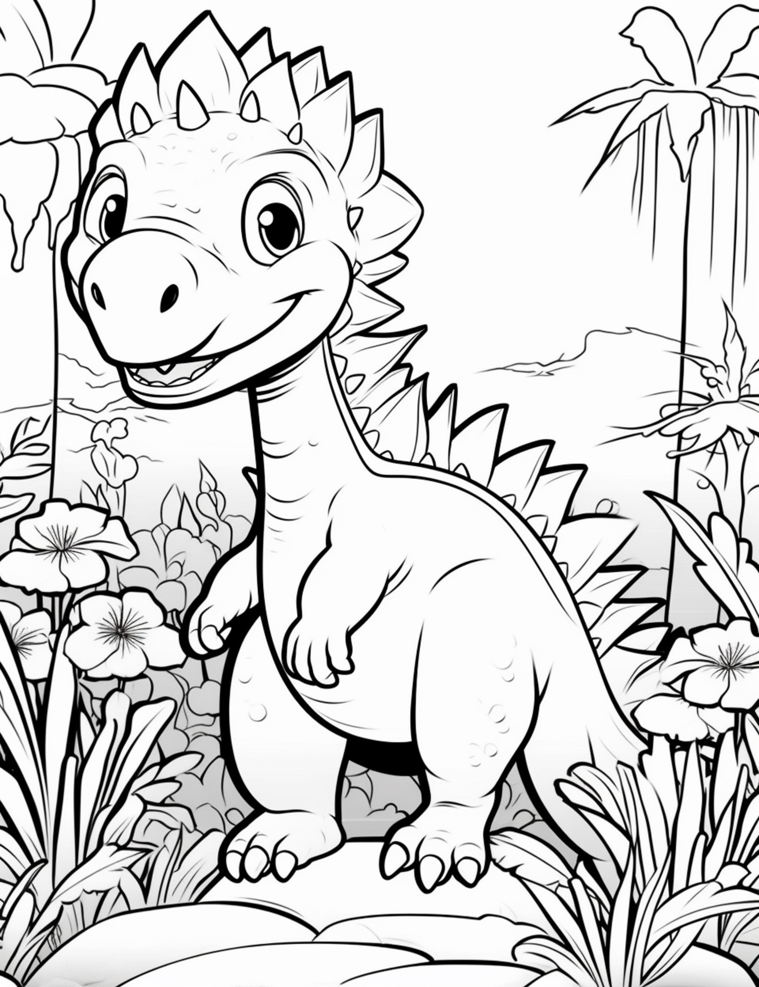 Раскраска для детей: веселый динозавр в лесу