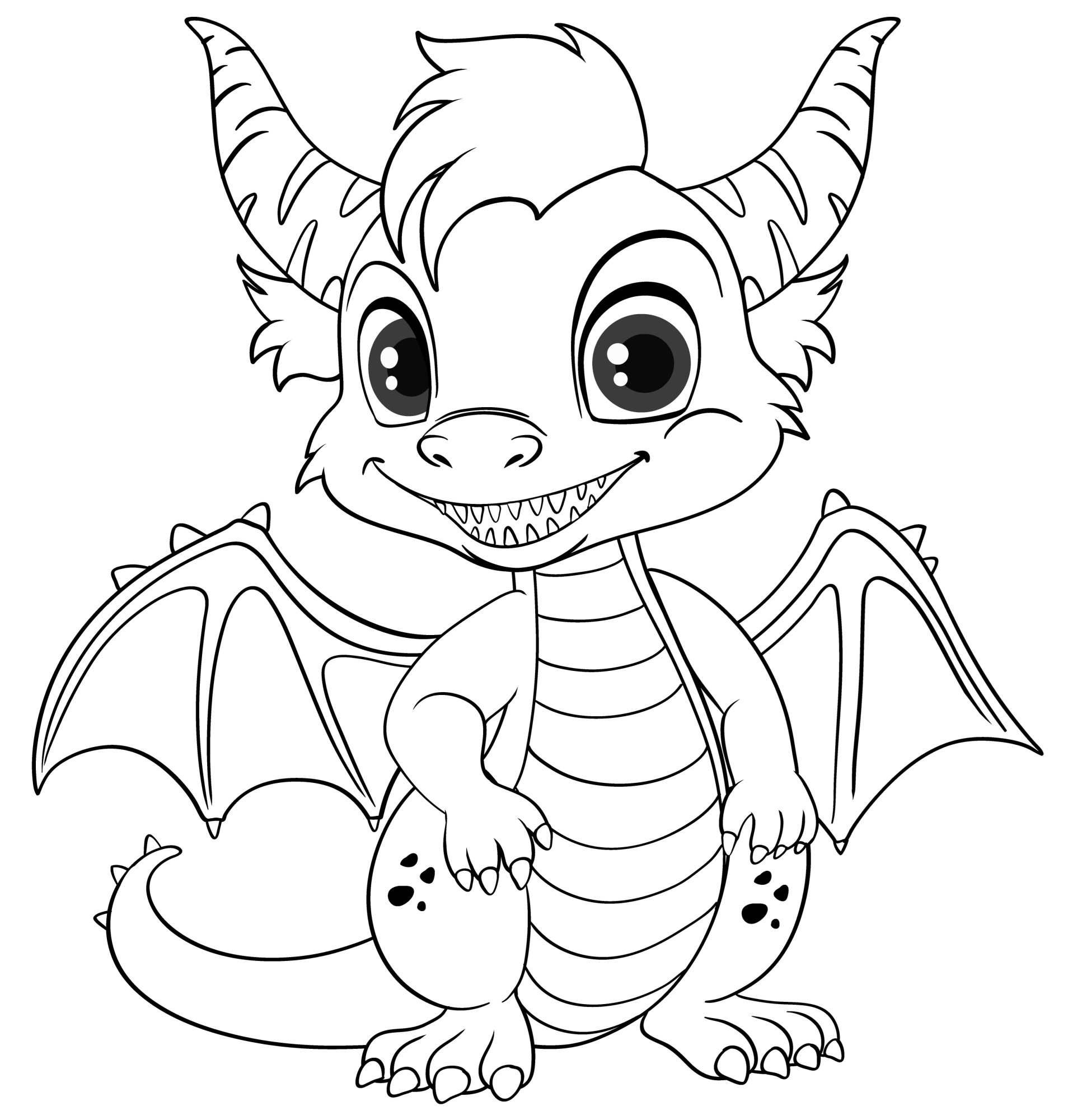 Раскраска для детей: дракон с крыльями и рогами