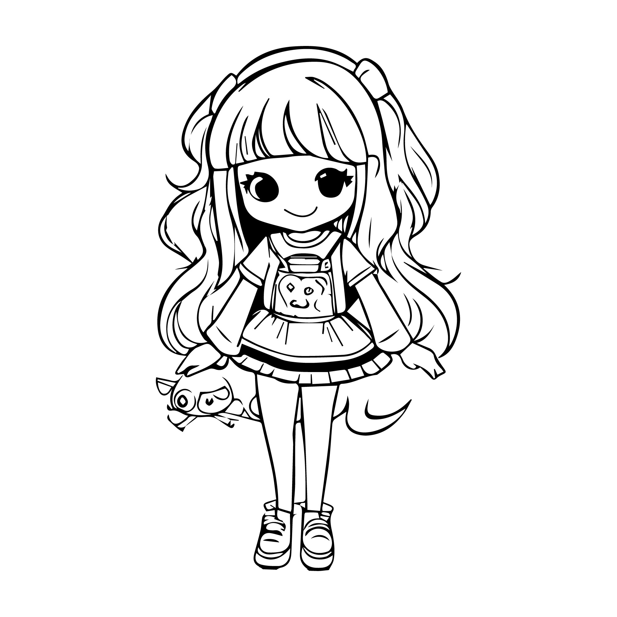 Раскраска для детей: кукла аниме девочка с длинными волосами