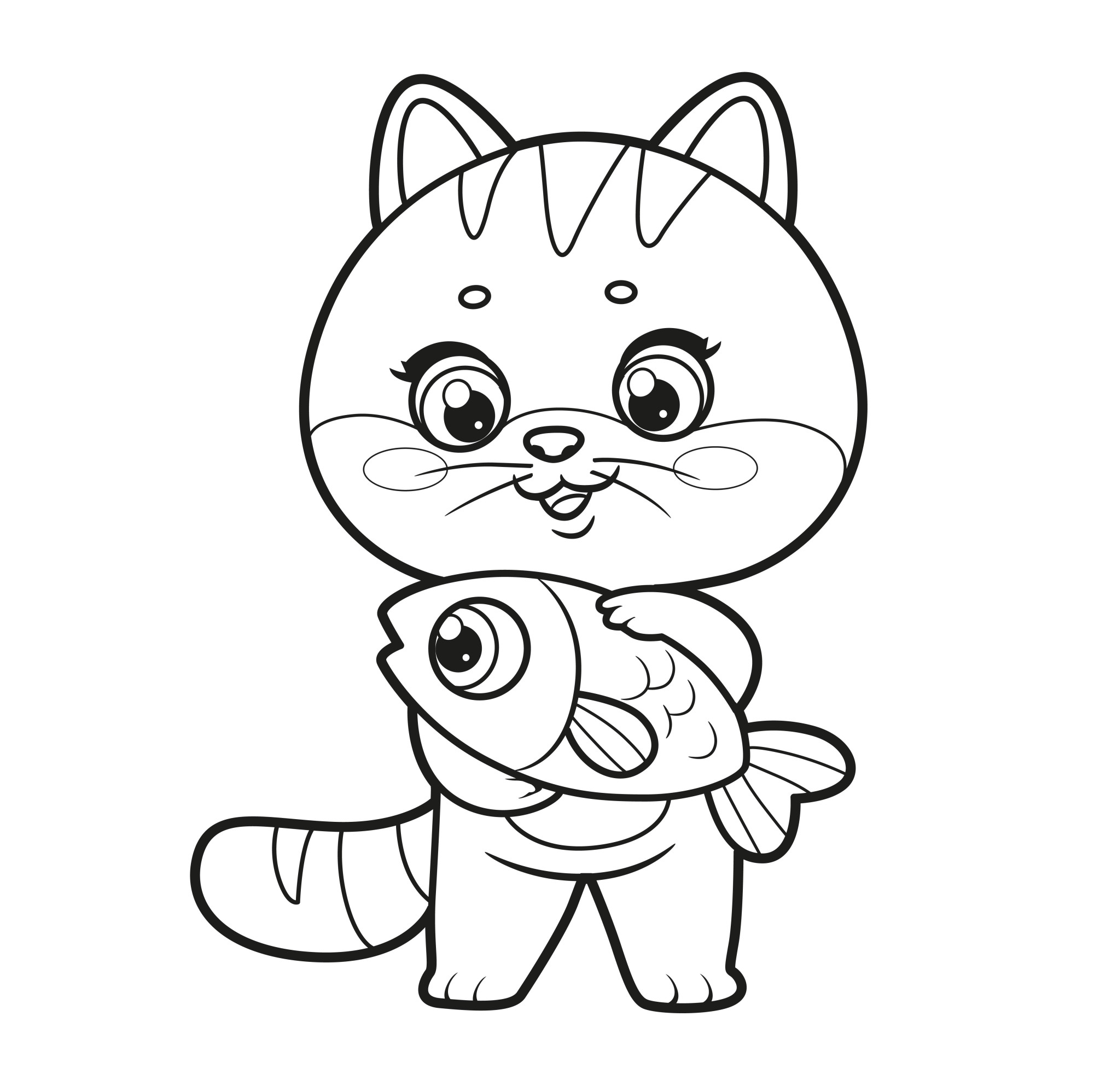 Раскраска для детей: мультяшный котенок с рыбкой в лапах