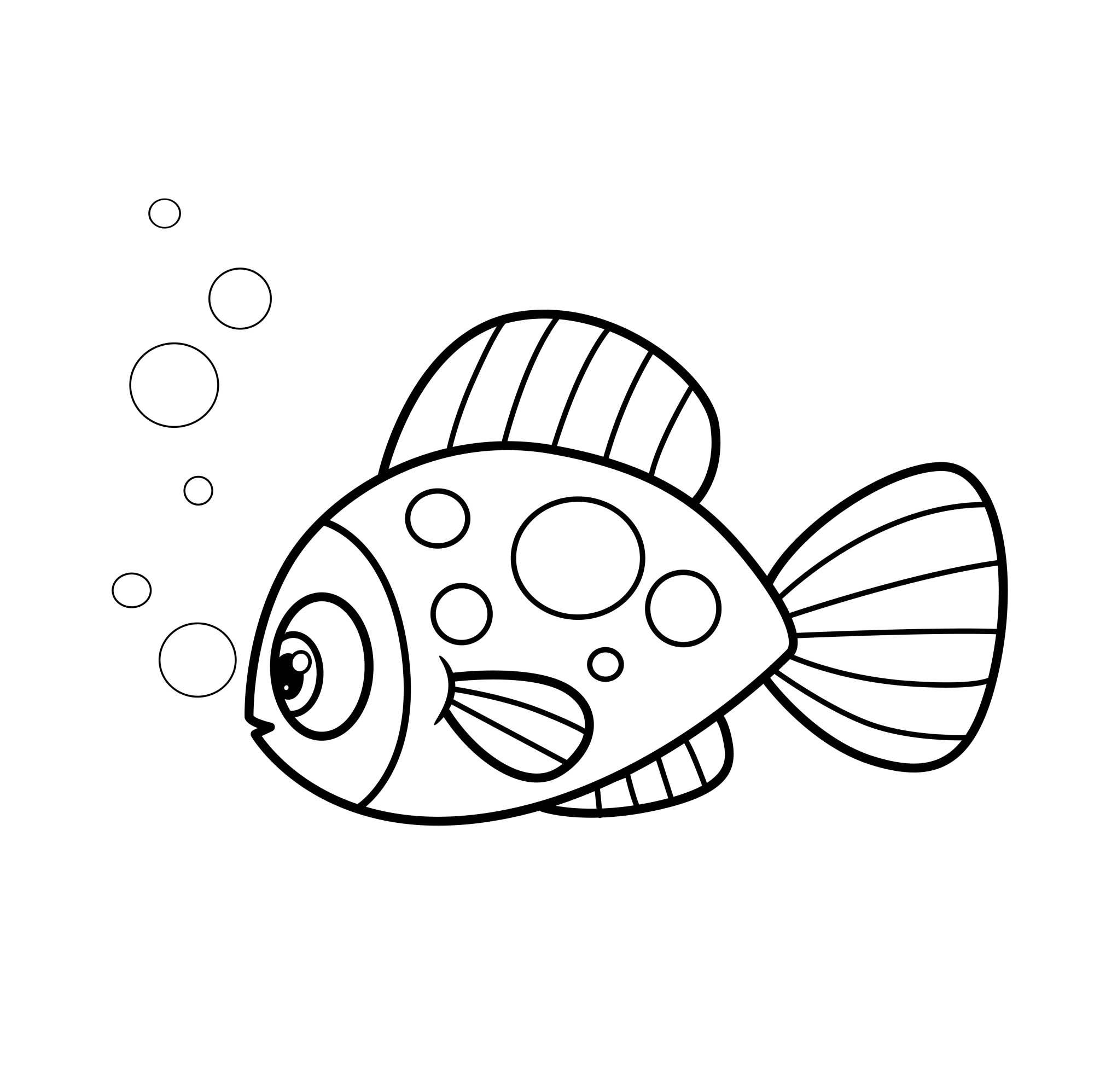 Раскраска для детей: мультяшная морская рыба с пузырьками воздуха