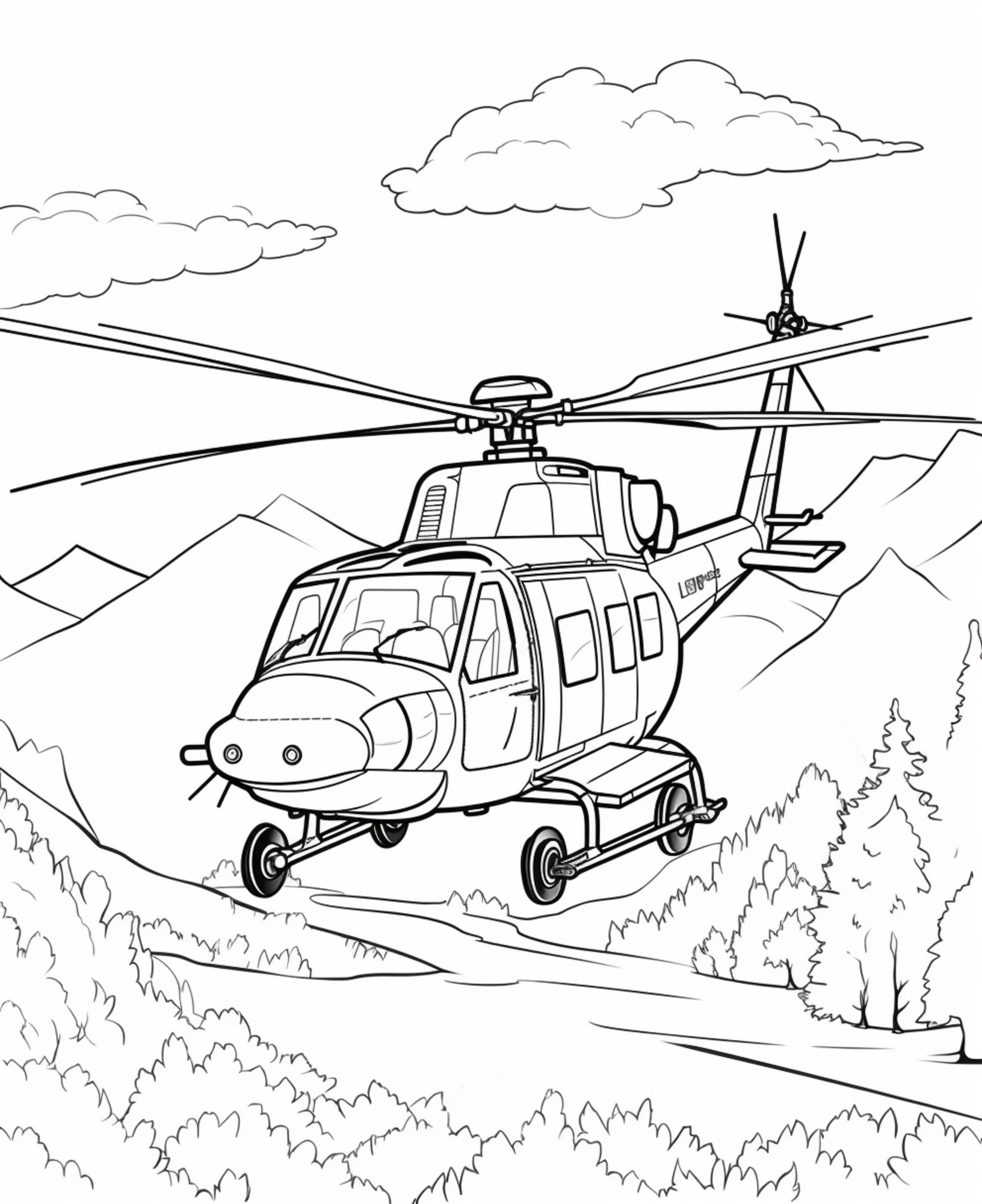 Раскраска для детей: вертолет «Небесная машина»