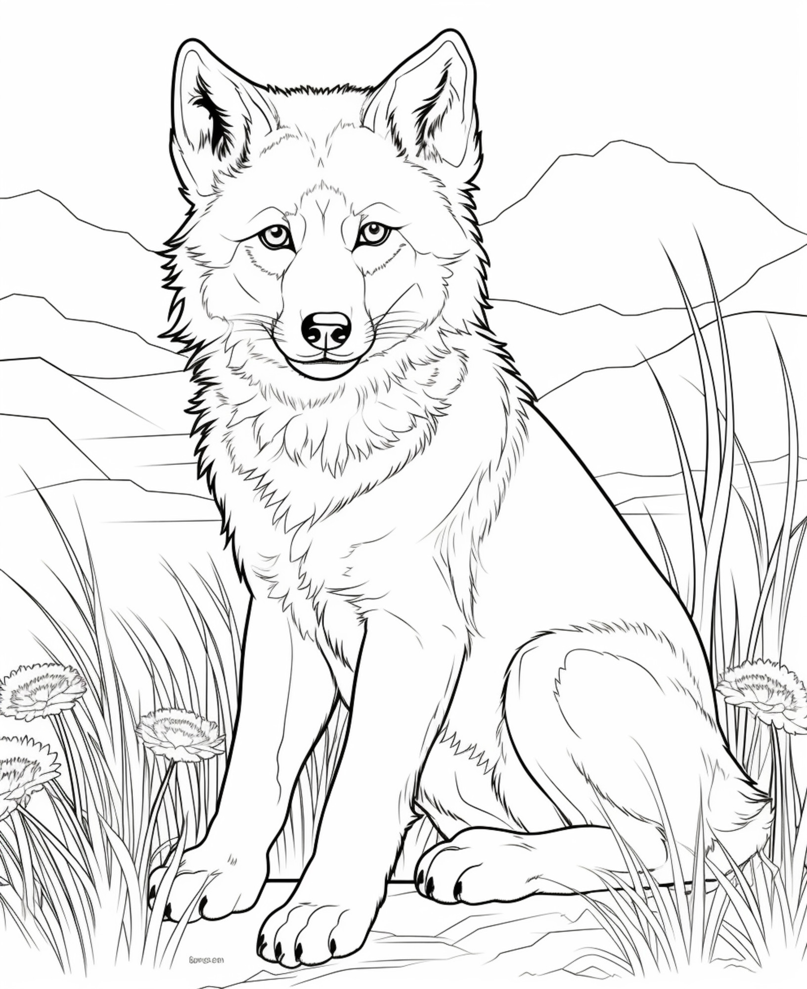 Раскраска для детей: молодой серый волк
